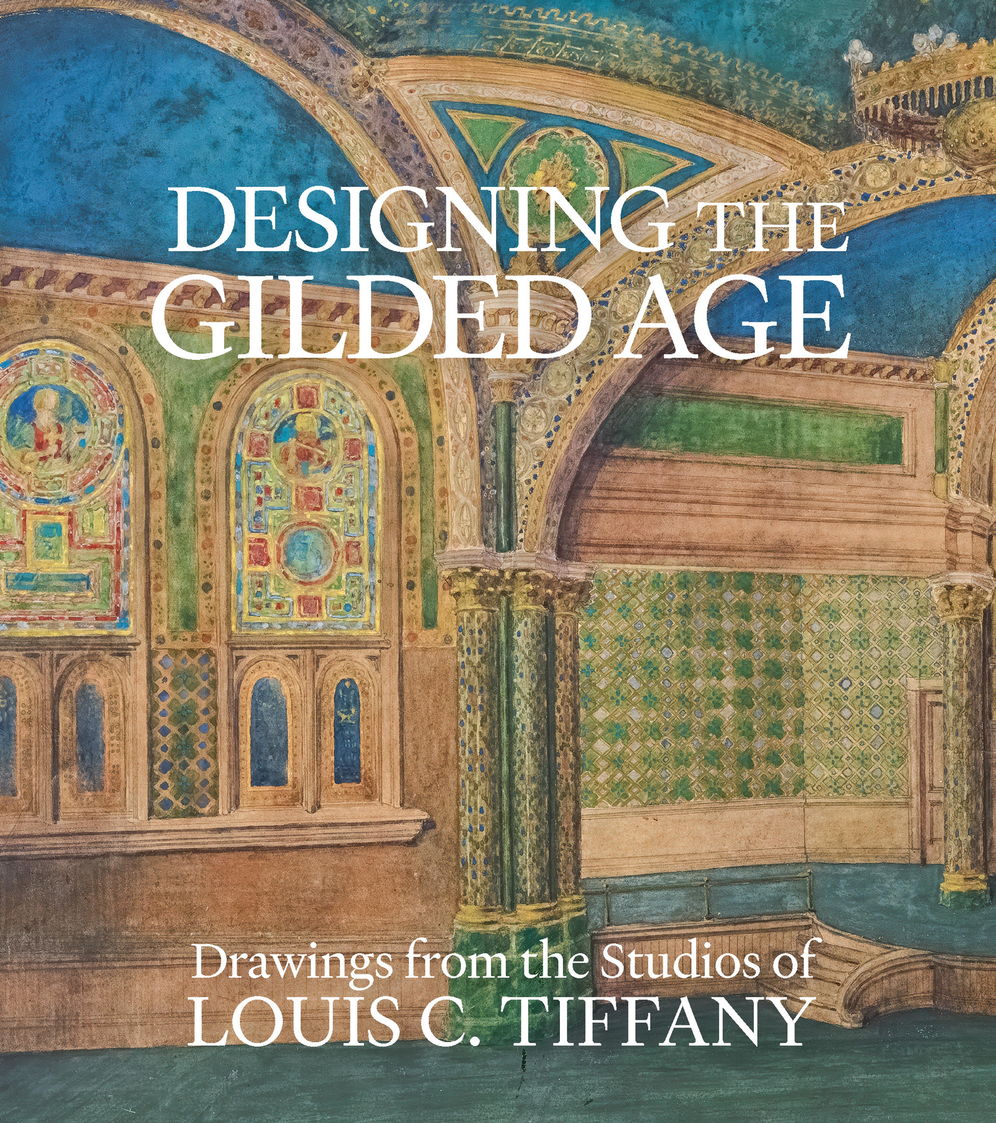a drawing of an ornate interior of gold and blue, with an arch in the center and stained-glass windows to the left