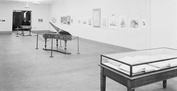 Exhibit illustrating Winternitz's first lectures at the Met, "Images and Imagination," photographed March 27, 1941, in the Wing E basement lecture hall. The exhibit already had the hallmarks of Winternitz's trademark style of combining music, art and architecture, and literary references.