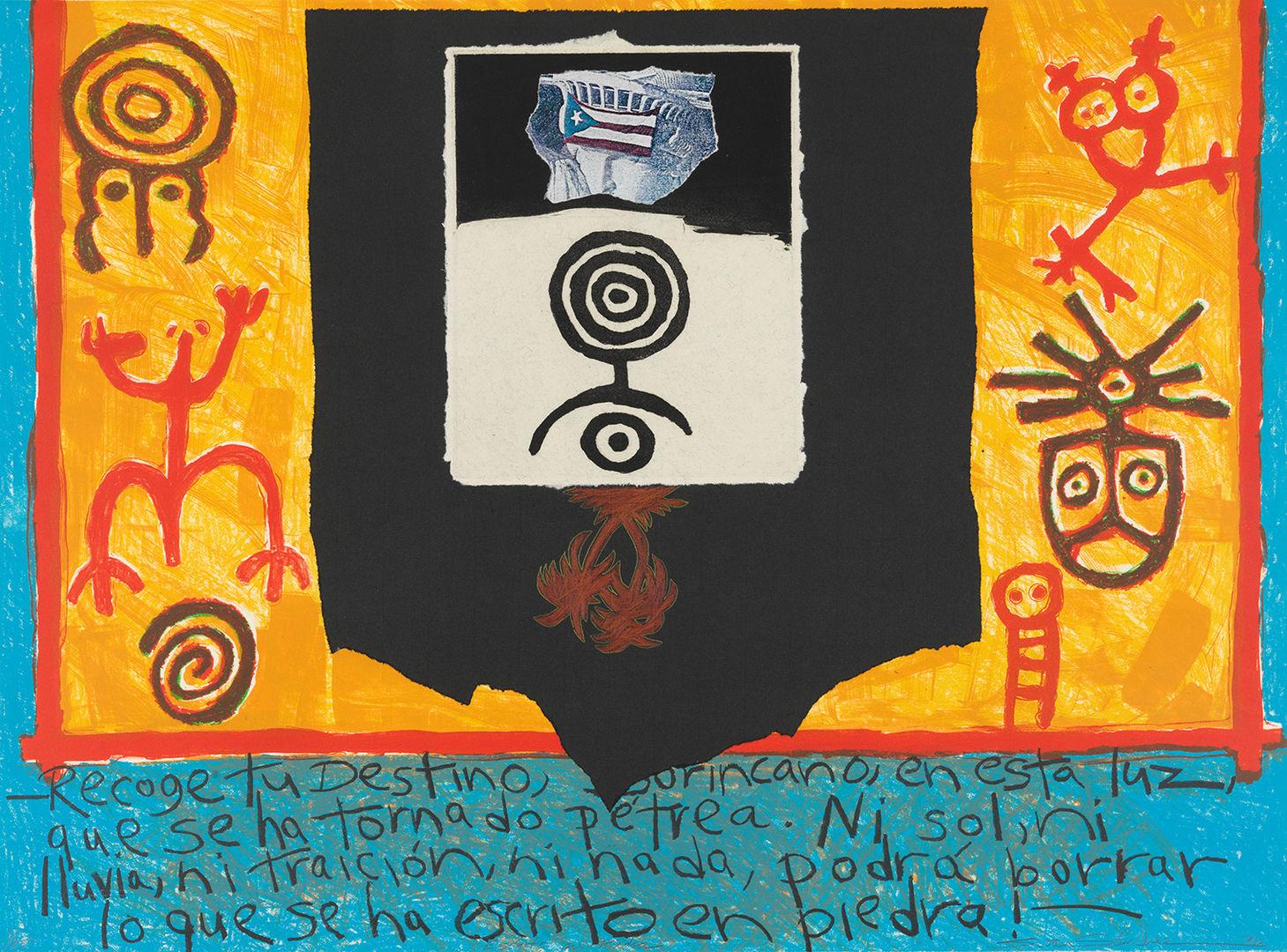 Mixed-media collage in black, red, orange, and bright blue. The collage includes lithographs with a Puerto Rican flag, drawings of animal shapes and masks, and a statement written in Spanish along the bottom.
