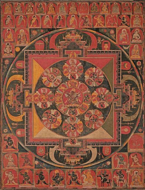 A series of interlocking circles with seated figures in a mandala pattern
