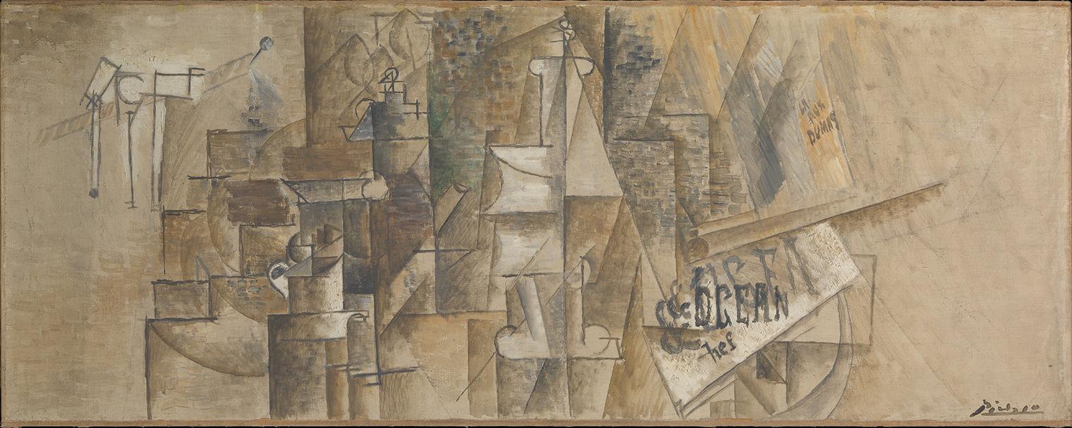 abstract cubist image with a lot of whites, browns, and greys and lines everywhere.