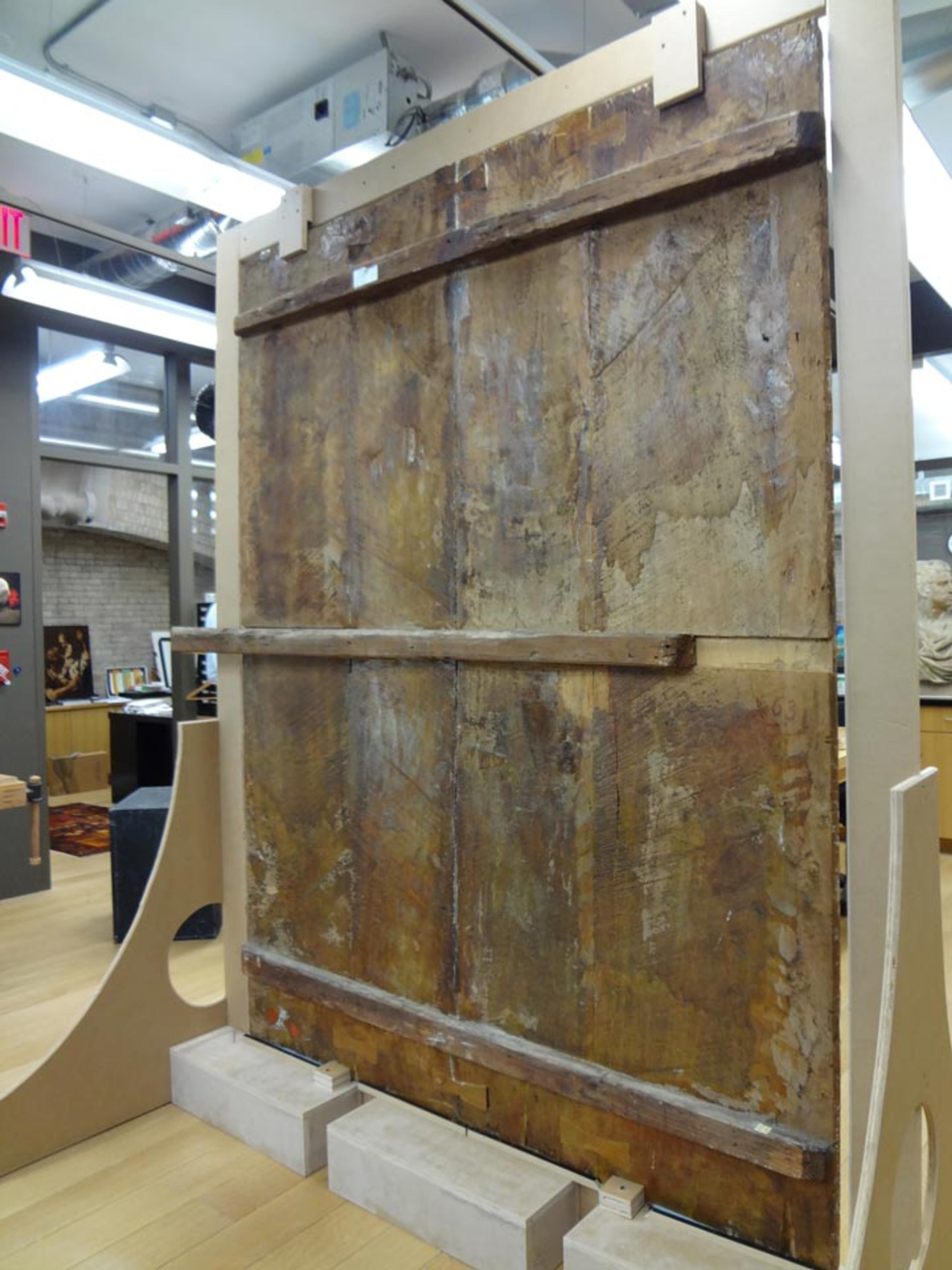 The panel standing upright in the studio, seen from behind