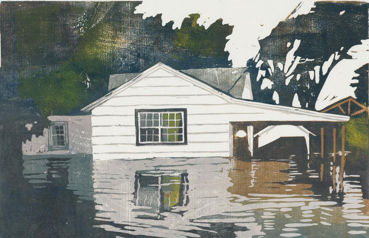 Painiting of a white house, flood with black water, with a white reflection of the house in the water.
