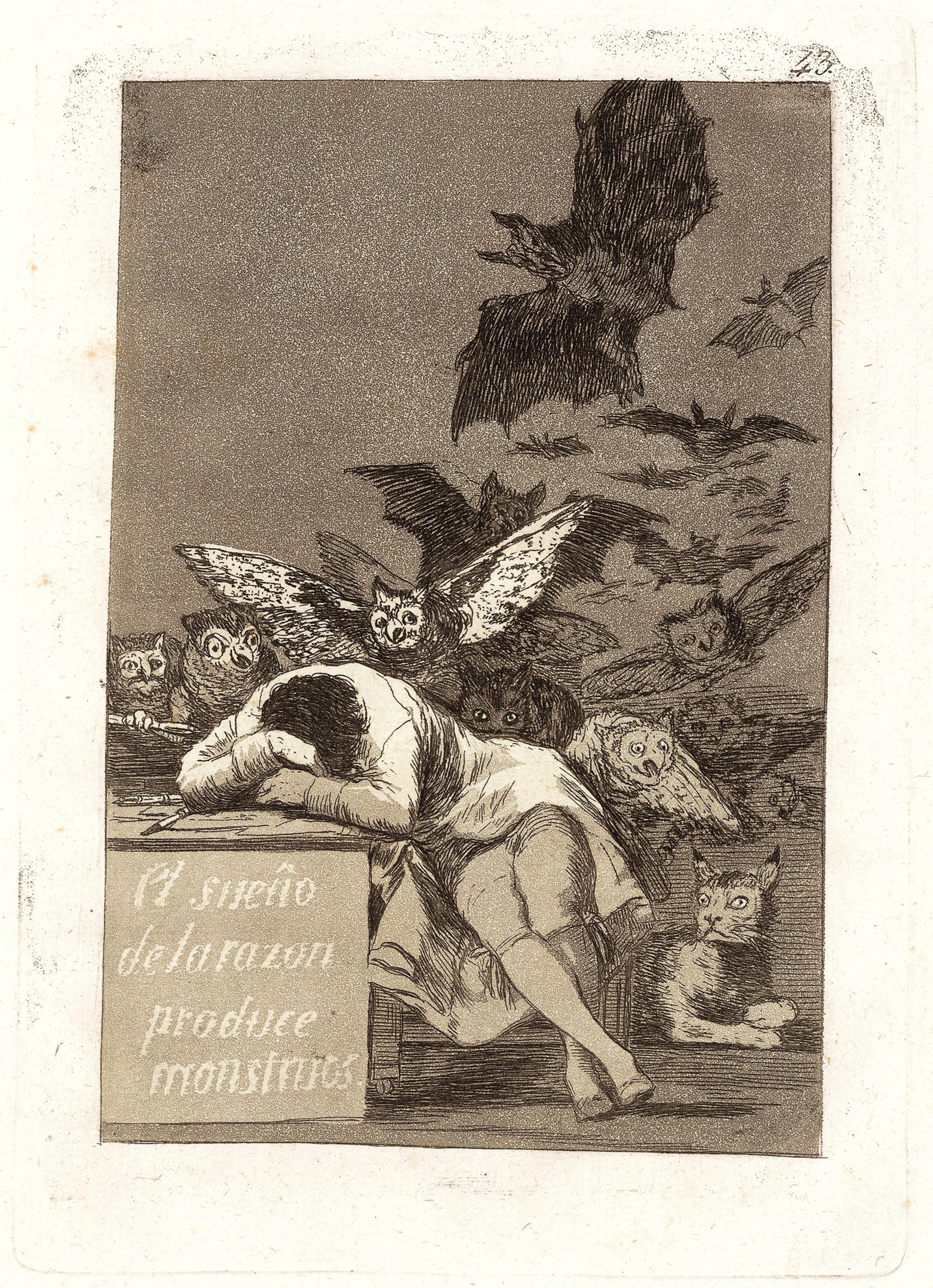 An aged and yellowed black and white etching of a man with his head resting on a desk with a swarm of bats and owls behind him and a cat at his feet.