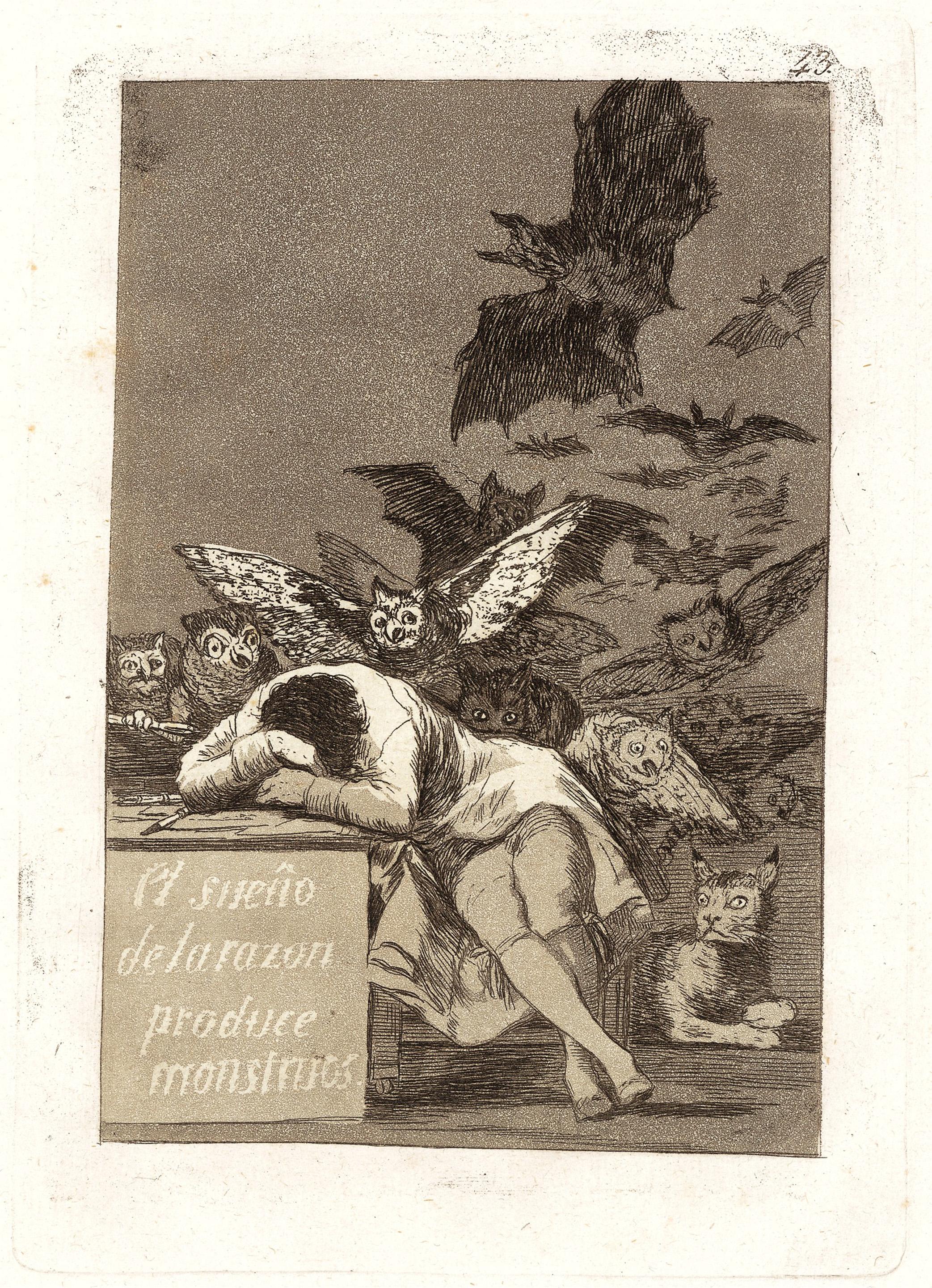 An aged and yellowed black and white etching of a man with his head resting on a desk with a swarm of bats and owls behind him and a cat at his feet.