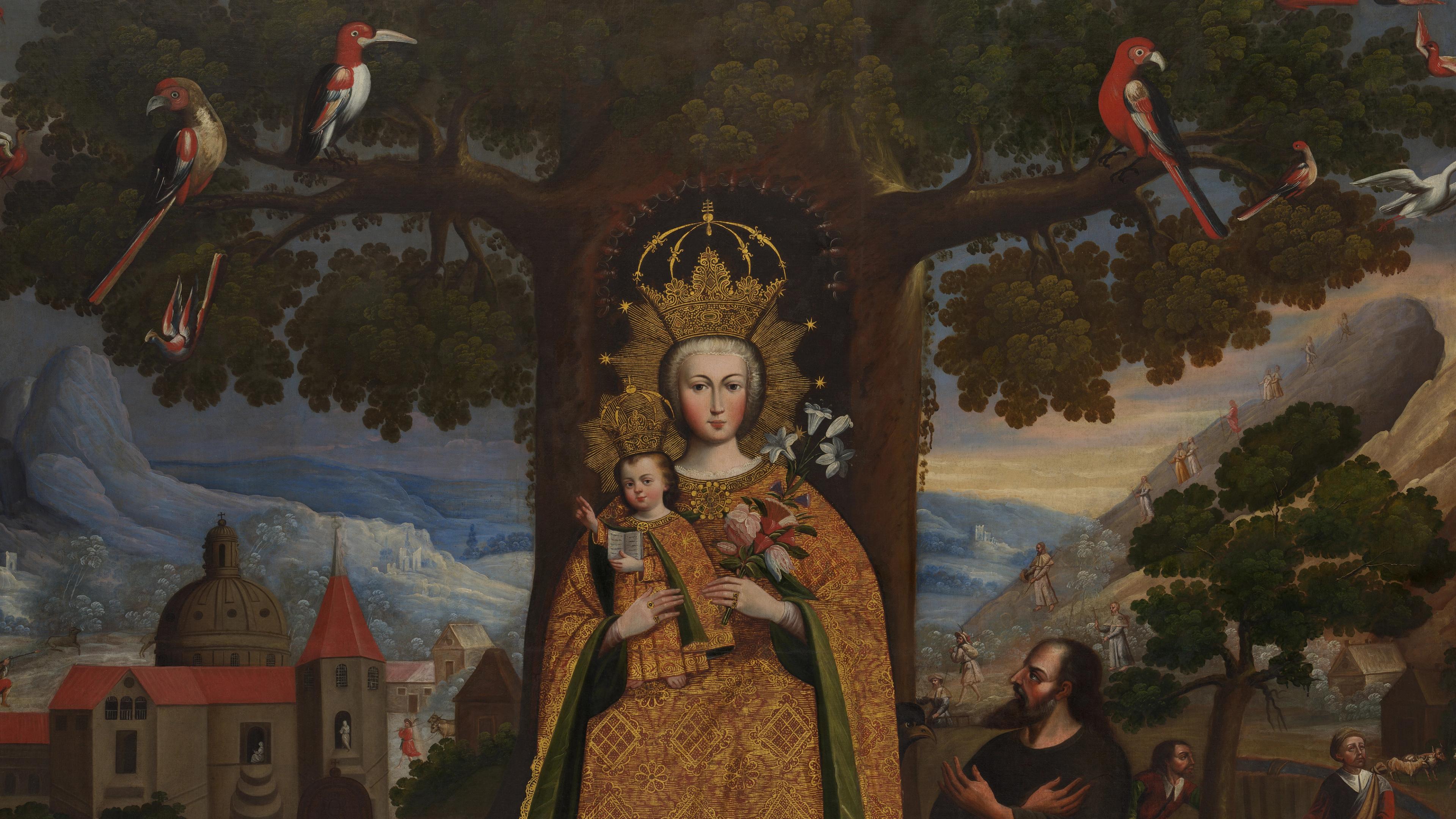 Detail of a large 18th-century Cuzco School painting depicting the Virgin of Valvanera. She holds the Holy Child with her right hand and a bouquet of flowers in her left