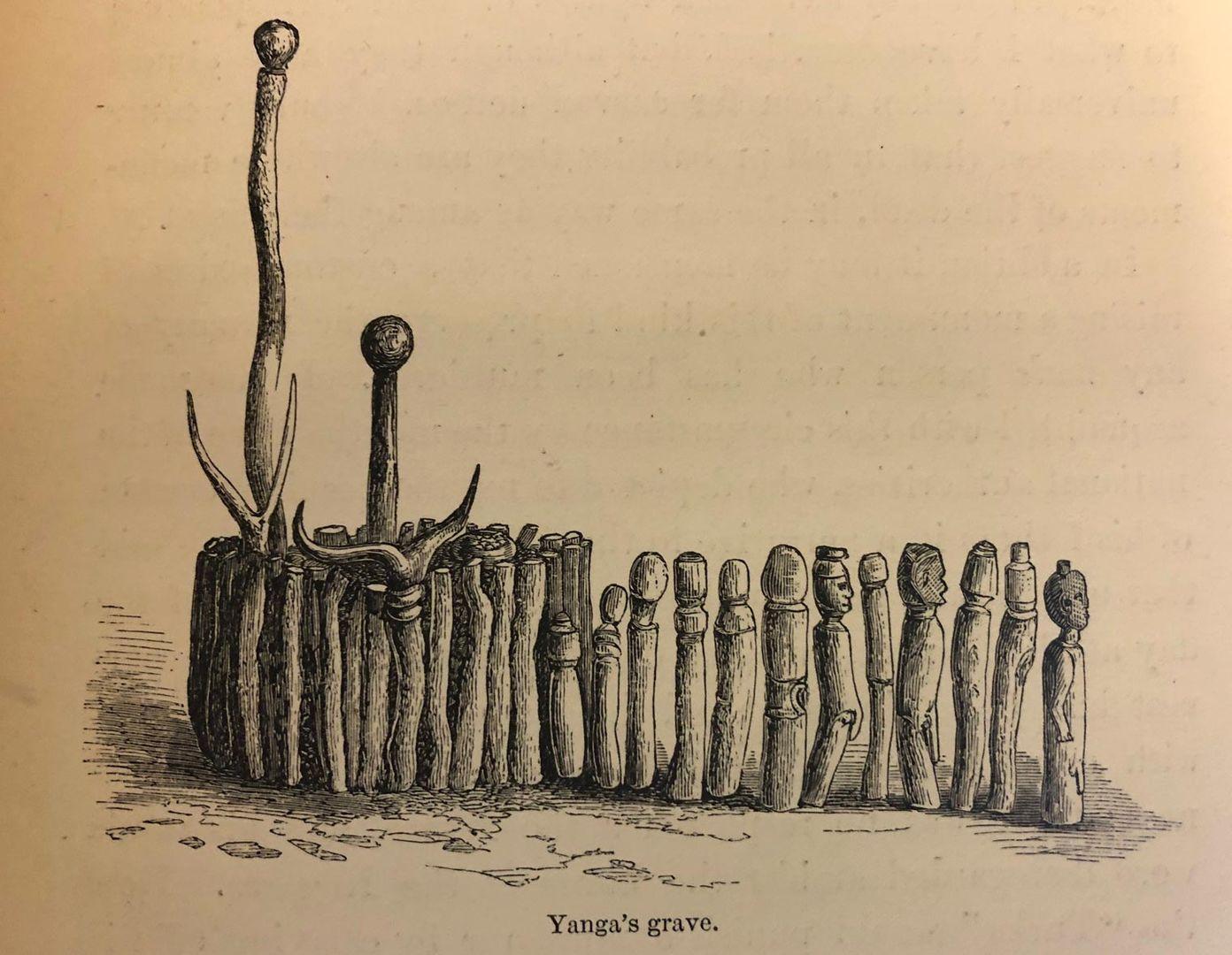 Copy of a 1869 drawing of the grave of a Bongo chief