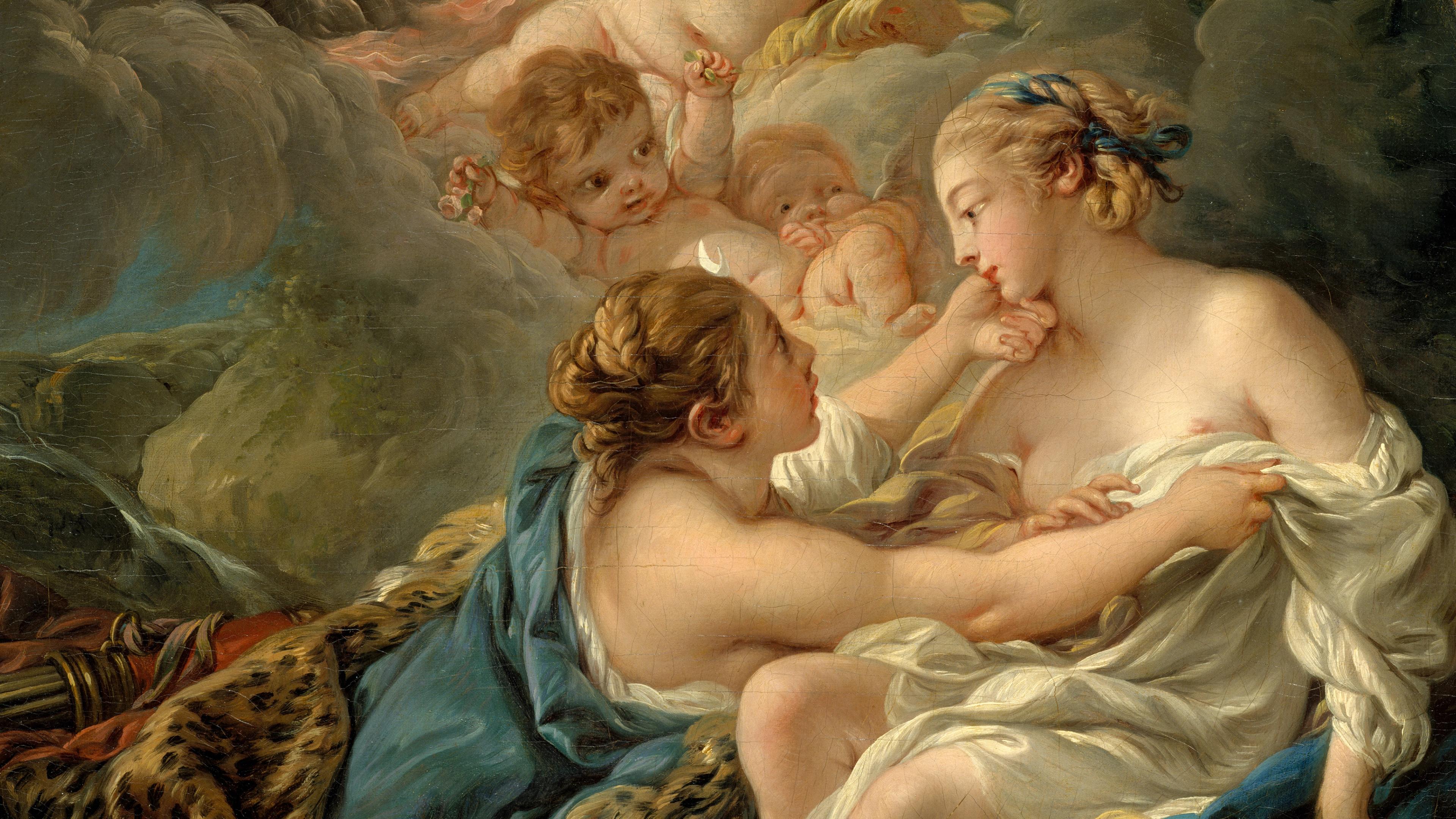 Two women caress each other while a dark gray bird and babies watch from the background.