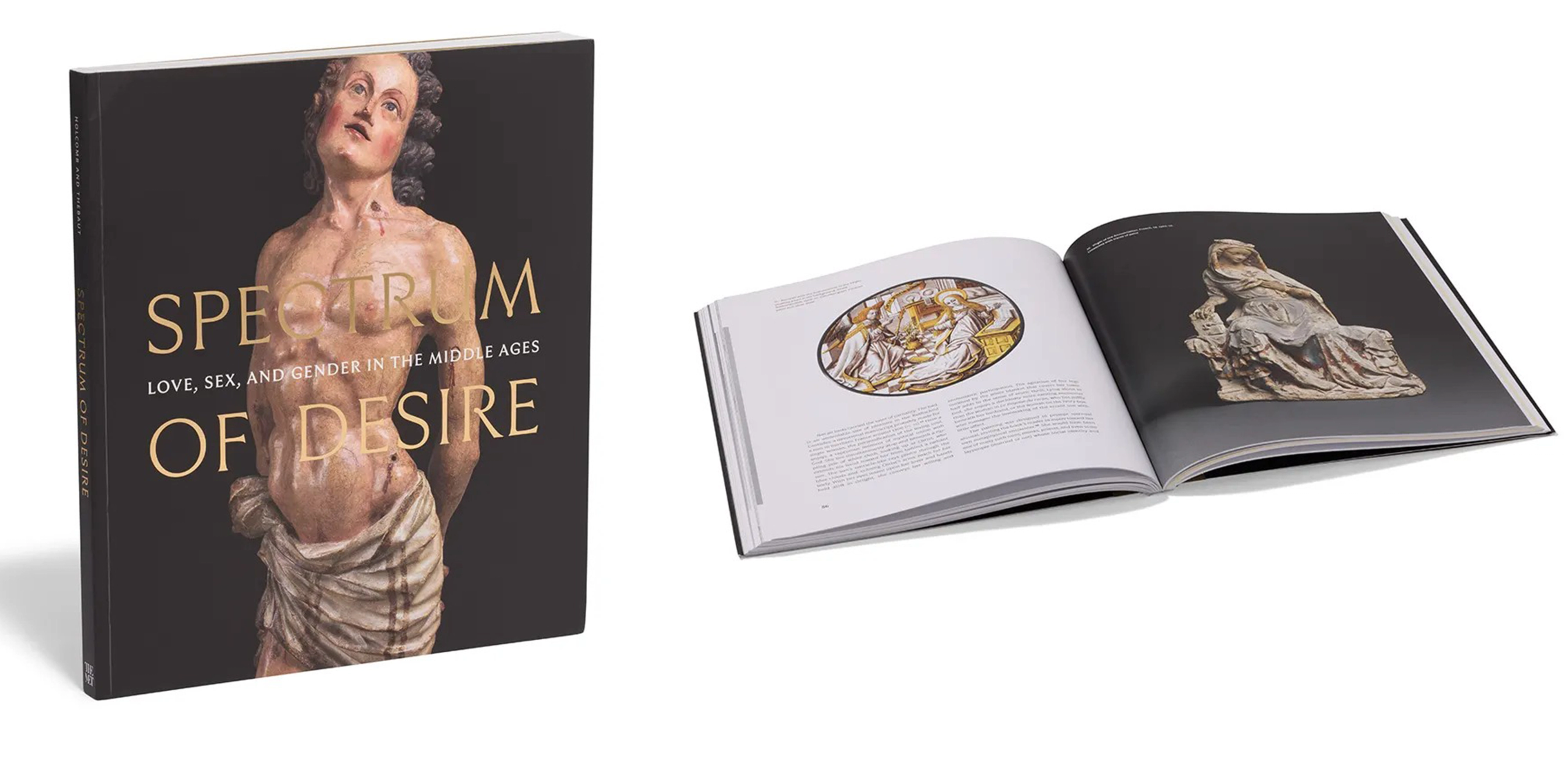 Book cover for "Spectrum of Desire" with close view of a bare-chested sculpture, shown beside an open book spread.