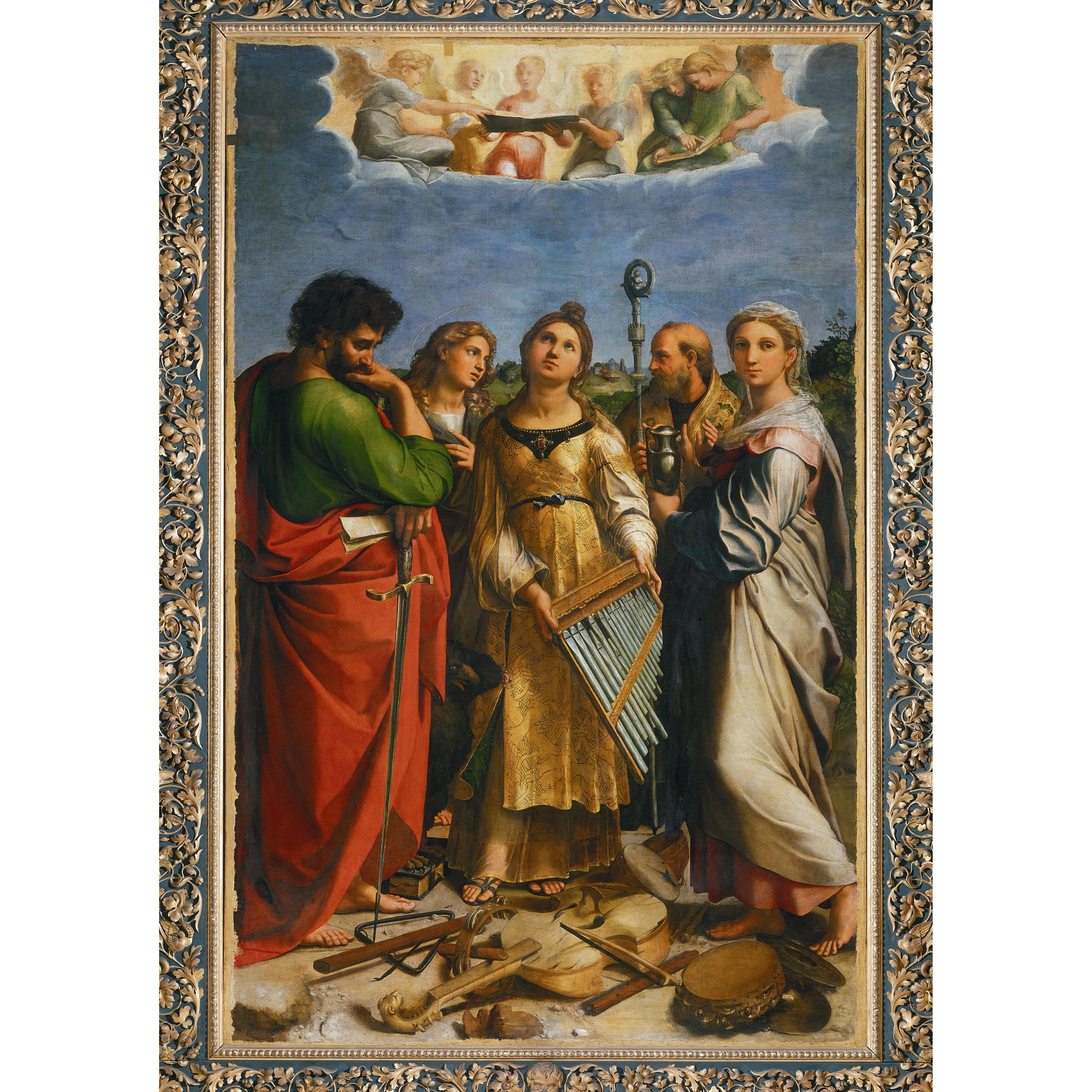 Painting of five figures standing outdoors, with the central female figure holding a musical instrument and looking up to the sky.