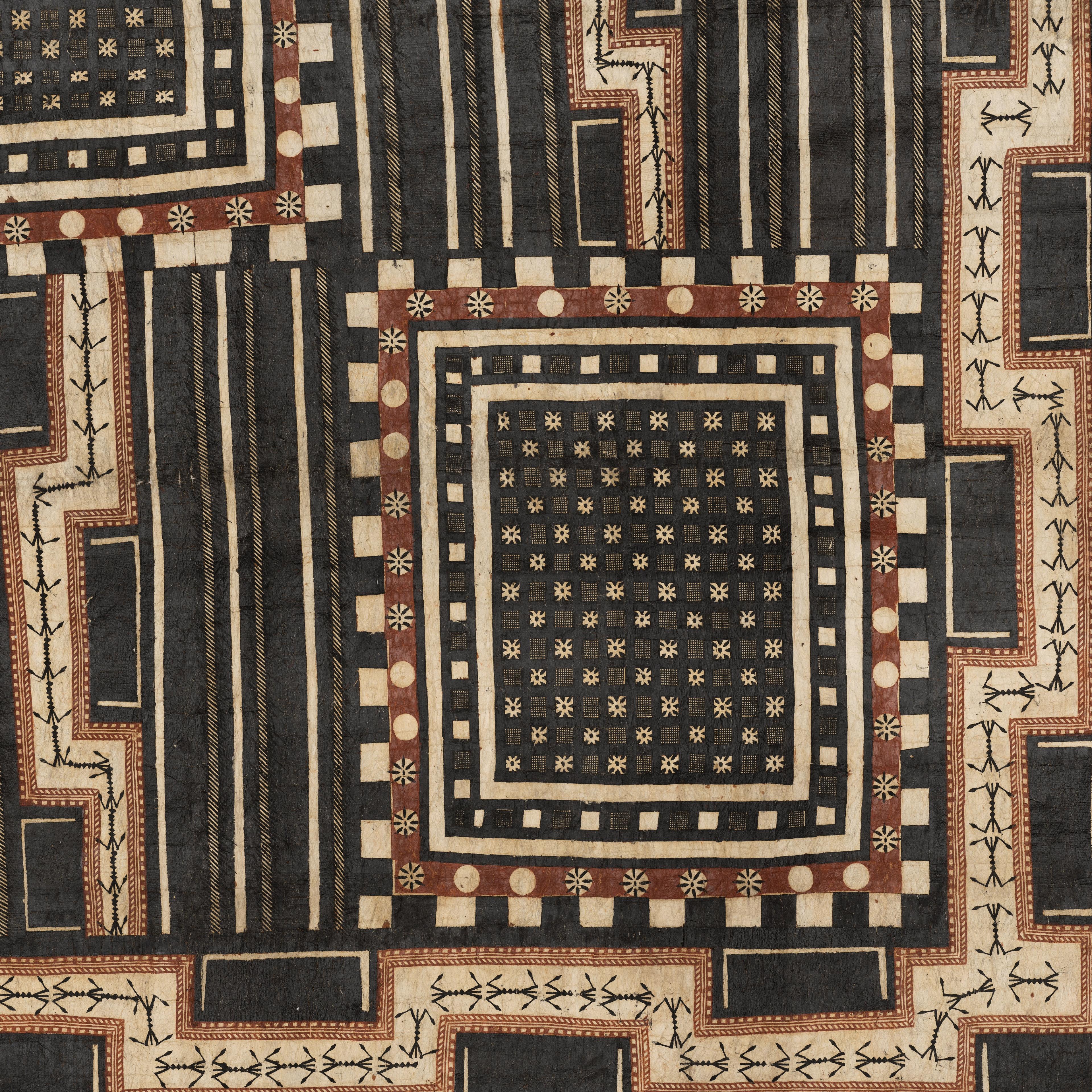 Geometric textile pattern with layered black, cream, and rust-red borders, tiny floral motifs, and stepped shapes; intricate, handcrafted design.