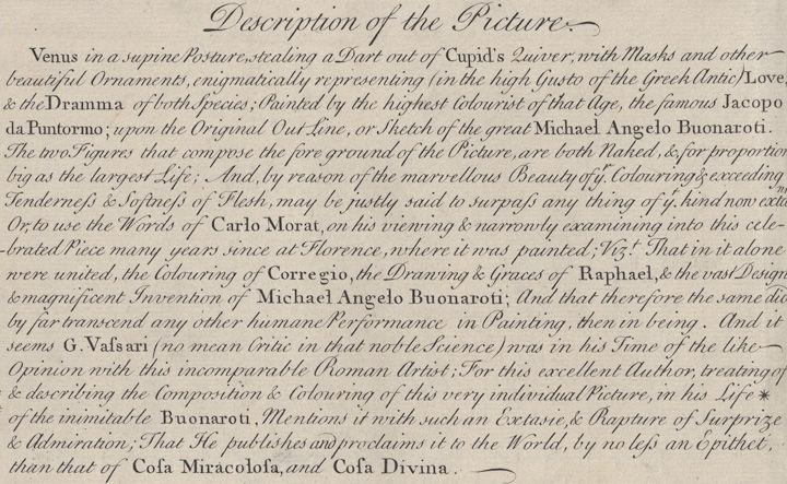 Detail view of a 1735 raffle ticket for a work drawn by Michelangelo in which an art historian describes the painting to be raffled