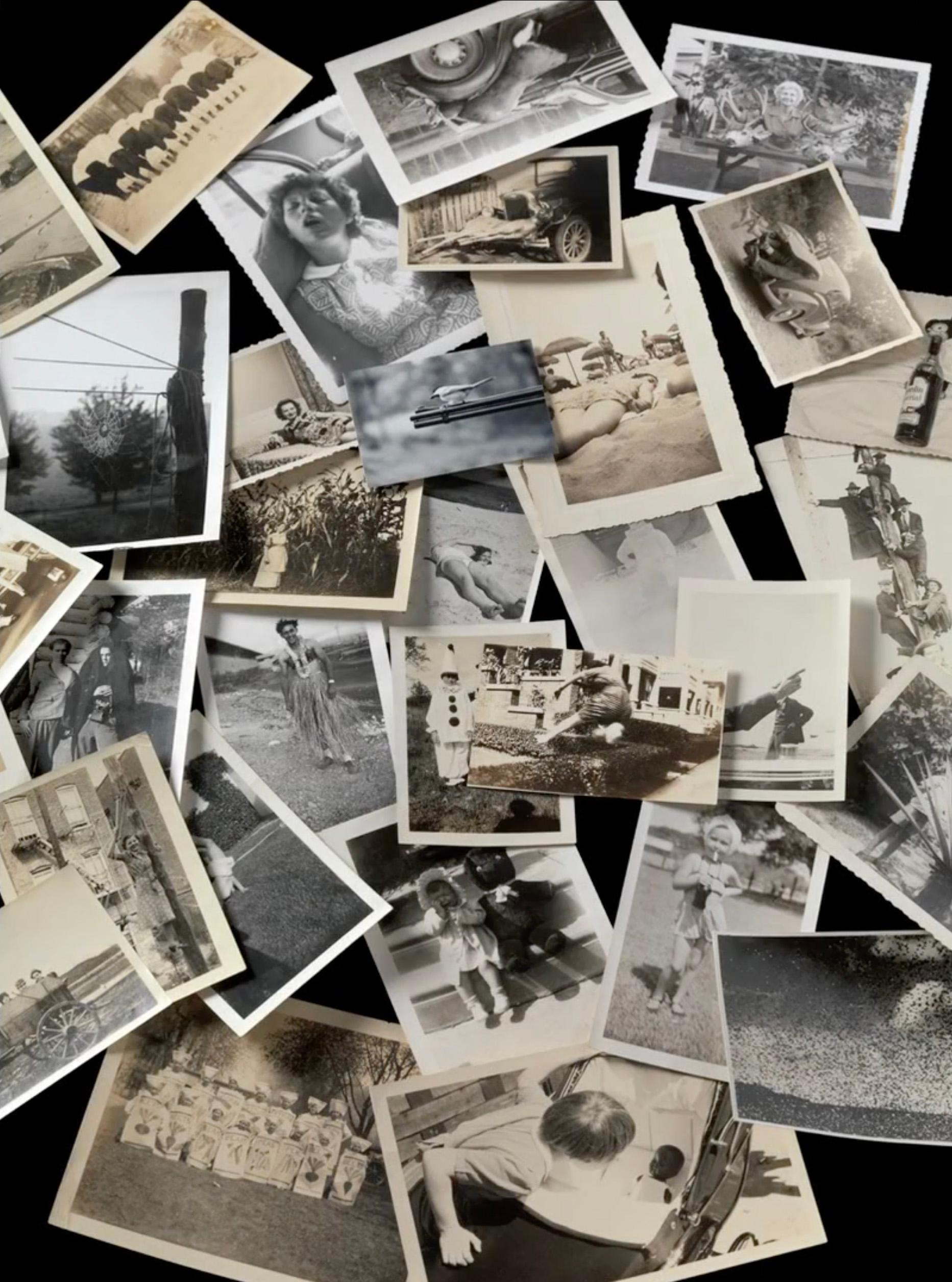 A selection of black and white snapshots against a black background.