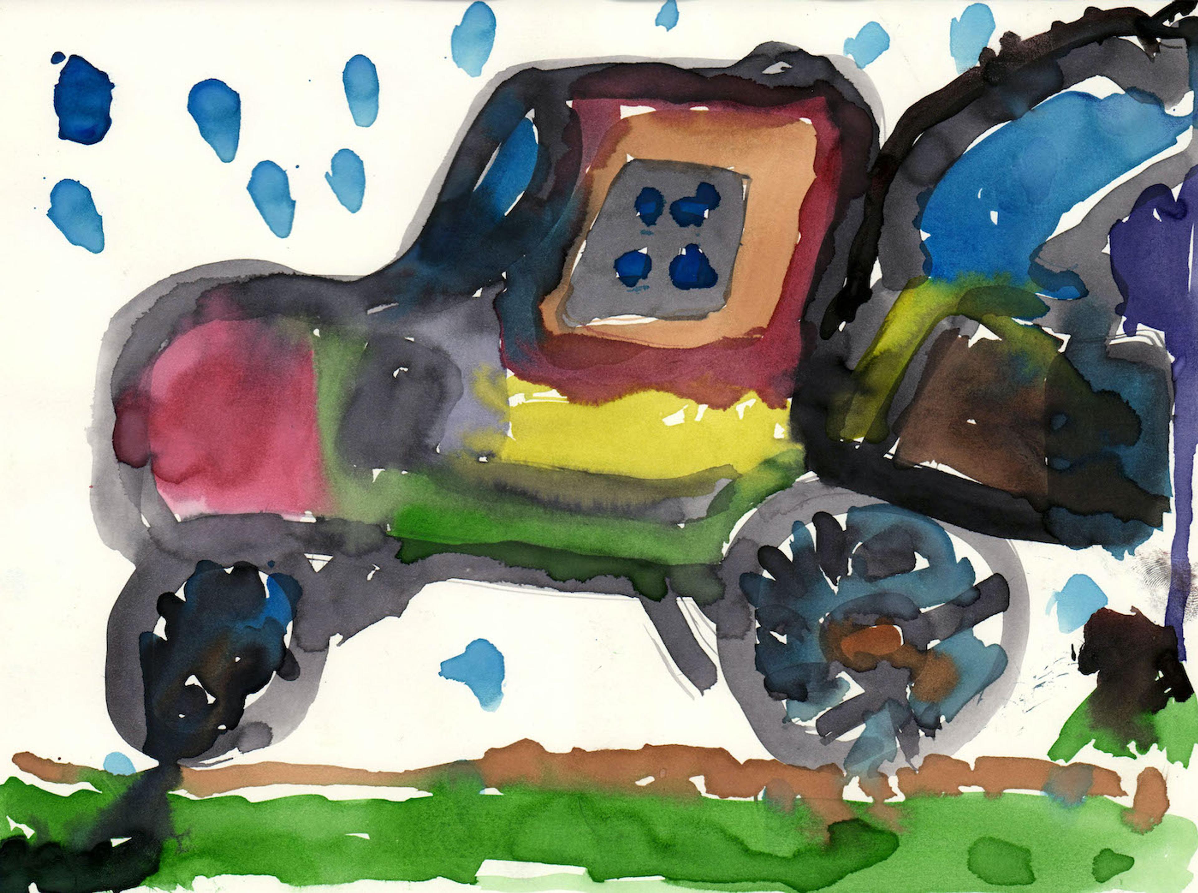 Watercolor on paper side- profile illustration of an automobile facing left. The outline of the vehicle is painted in thick black strokes, and the tires are painted in thick gray strokes. The front side of the car beneath the hood is painted red. The area around the driver side window is outlined in brown. The driver side door is painted in three horizontal strips of yellow above gray and green. The back of the car behind the passenger carriage appears to be loaded with blue and brown cargo. The vehicle sits on green grass topped off with a strip of brown soil. Blue dots are shown scattered against a faint sky colored off- white.