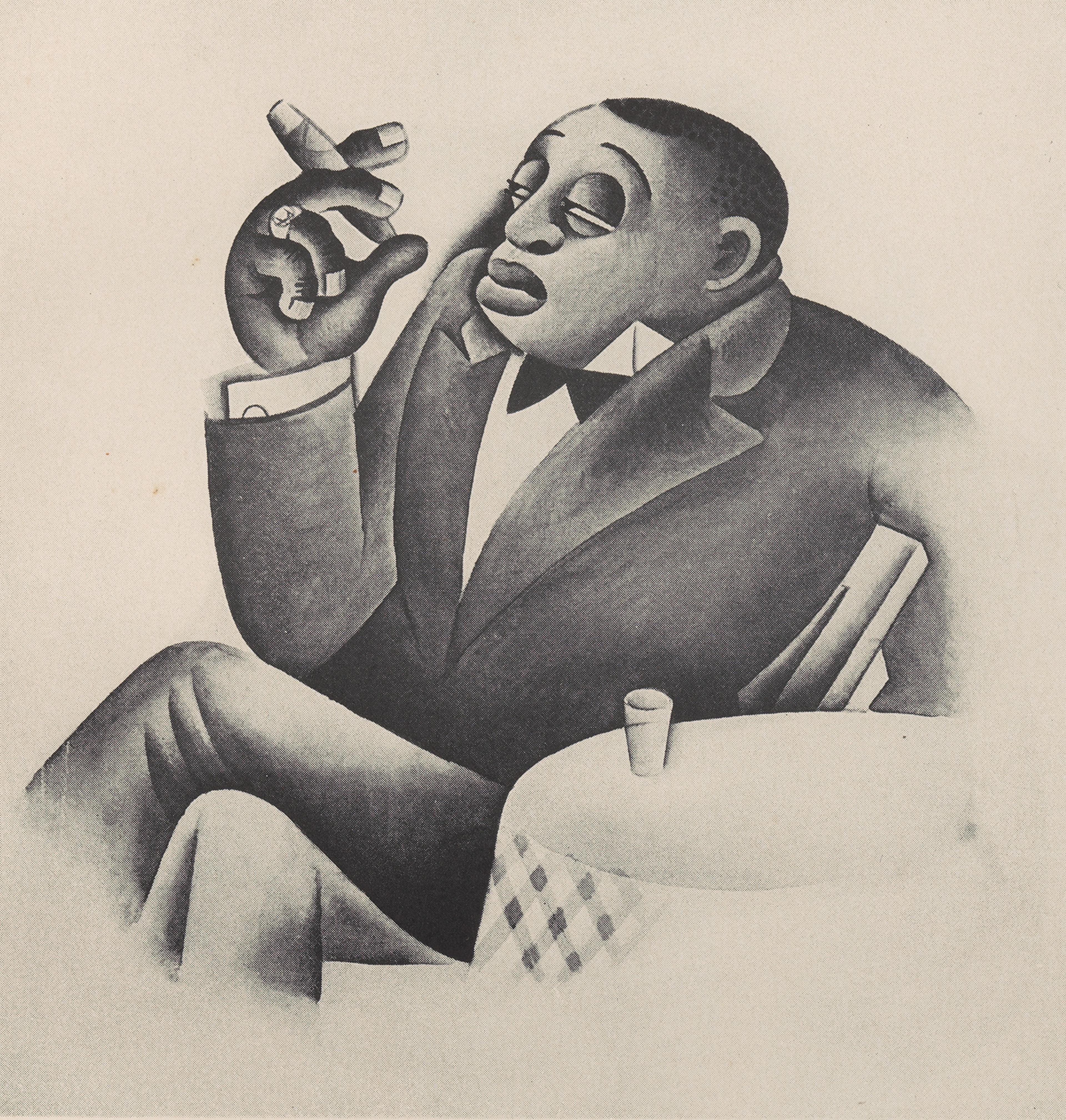 Artistic illustration of a man in a suit holding a cigar, sitting at a table with a cup. His expression is relaxed and thoughtful. Monochrome style.