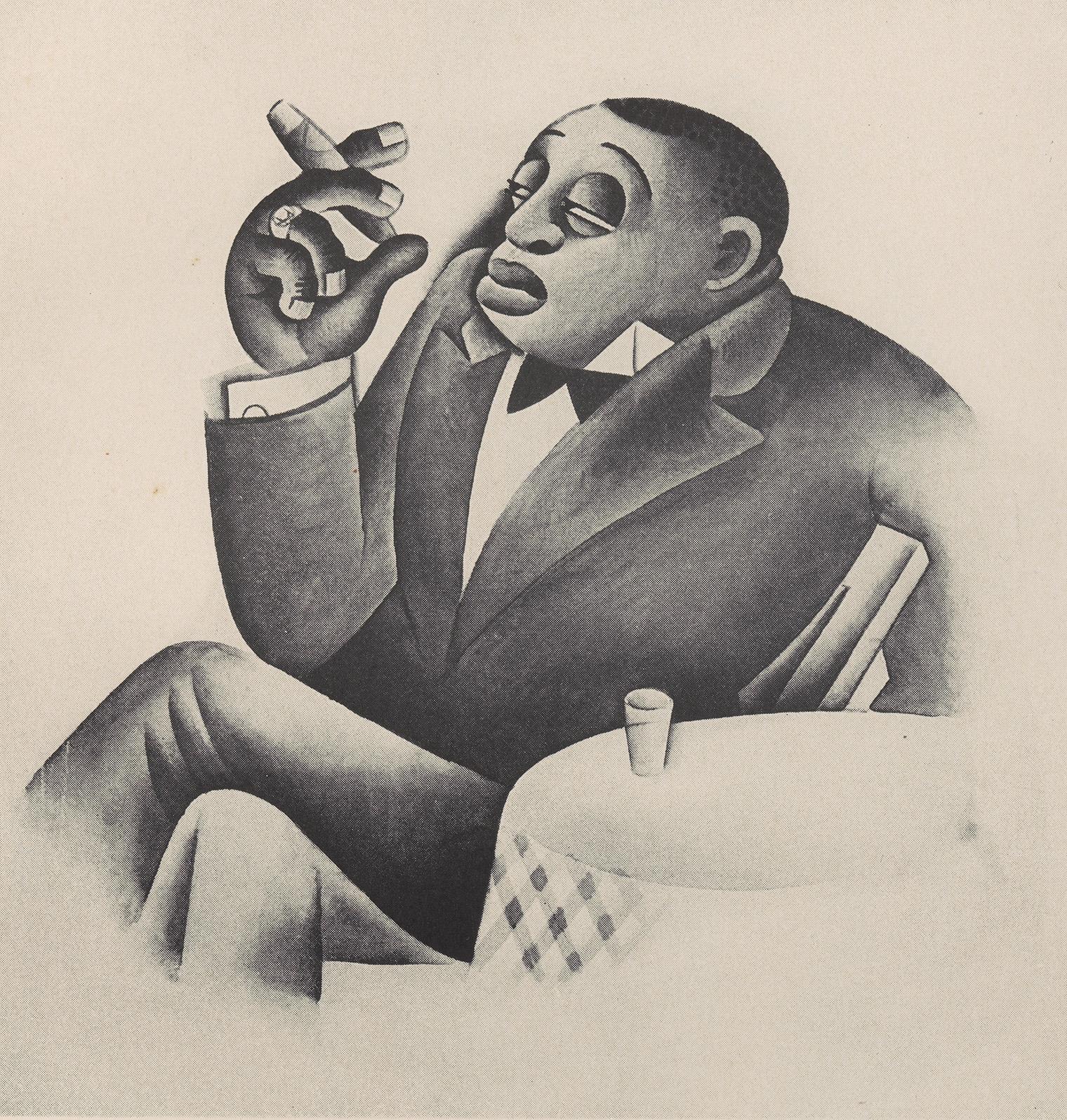 Artistic illustration of a man in a suit holding a cigar, sitting at a table with a cup. His expression is relaxed and thoughtful. Monochrome style.