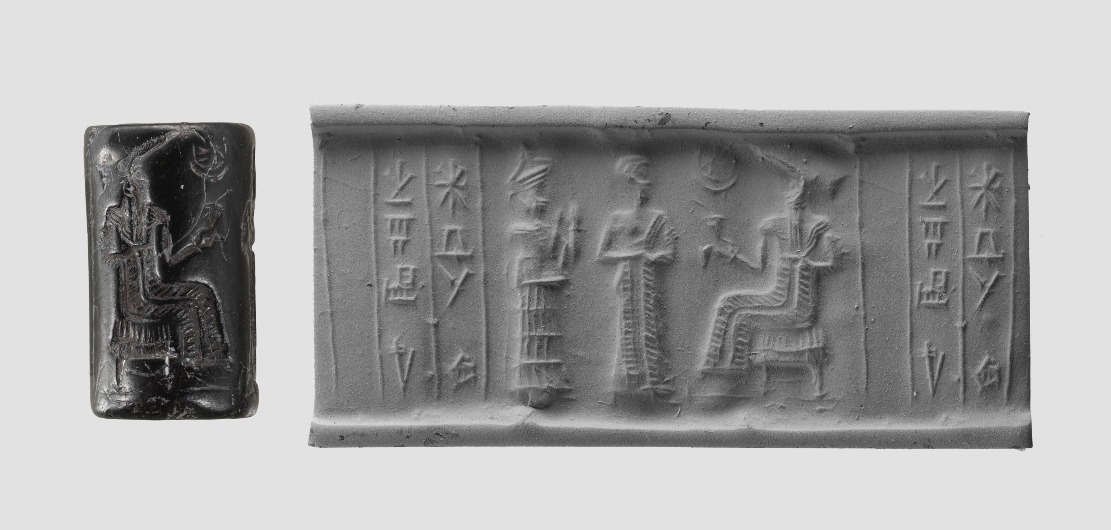Ancient Near Eastern carved cylinder seal on the left and the impression it makes when rolled over clay on the right.