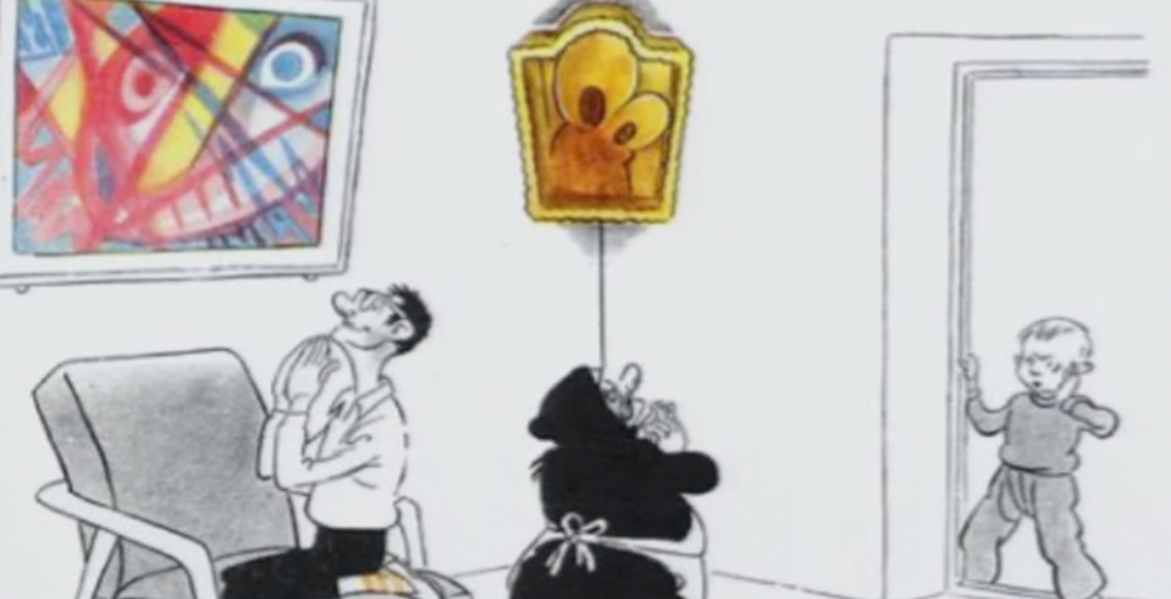 Soviet cartoon depicting an older woman worshipping a religious idol and a younger man worshipping modern art.