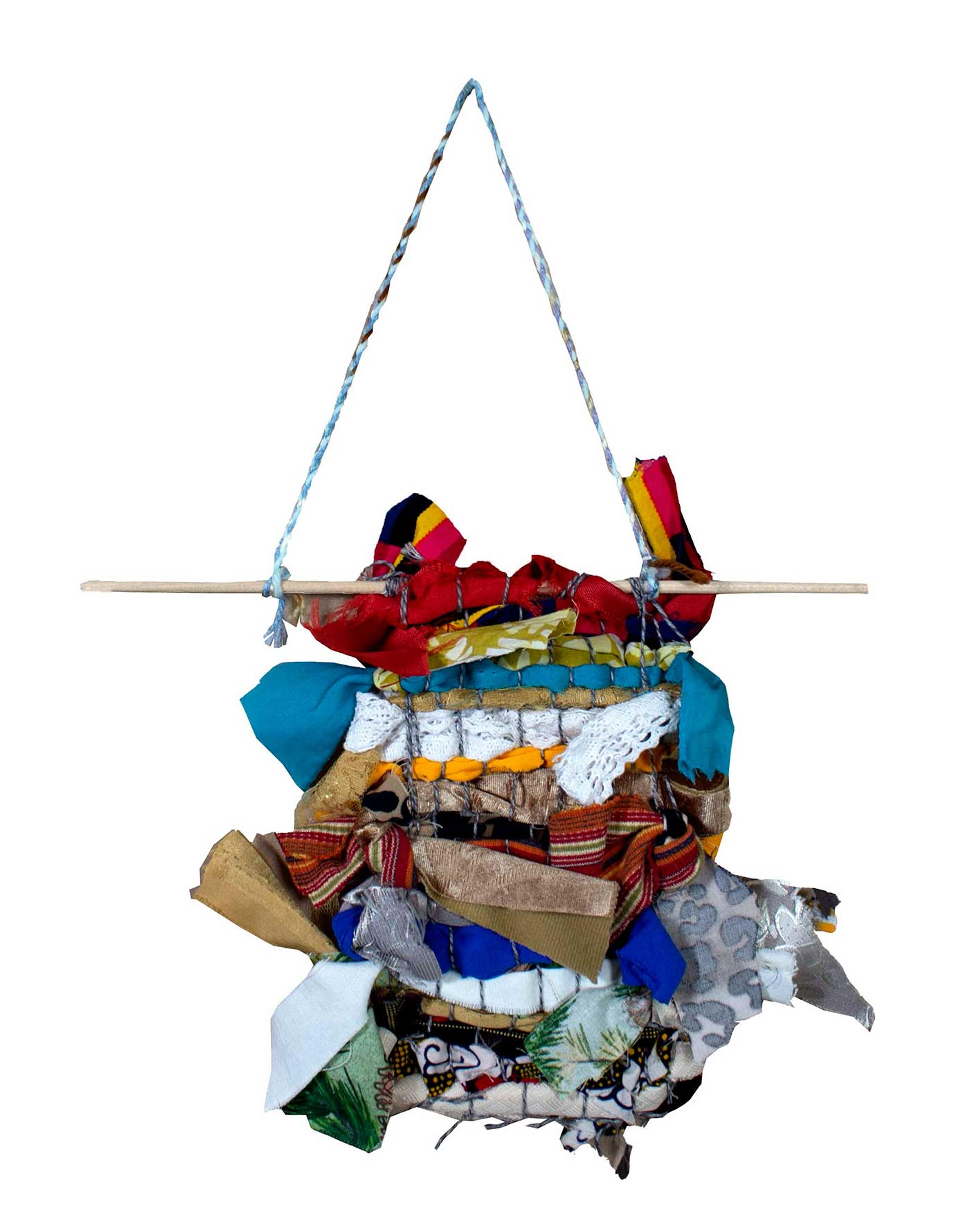 Colorful textiles woven together in a square.