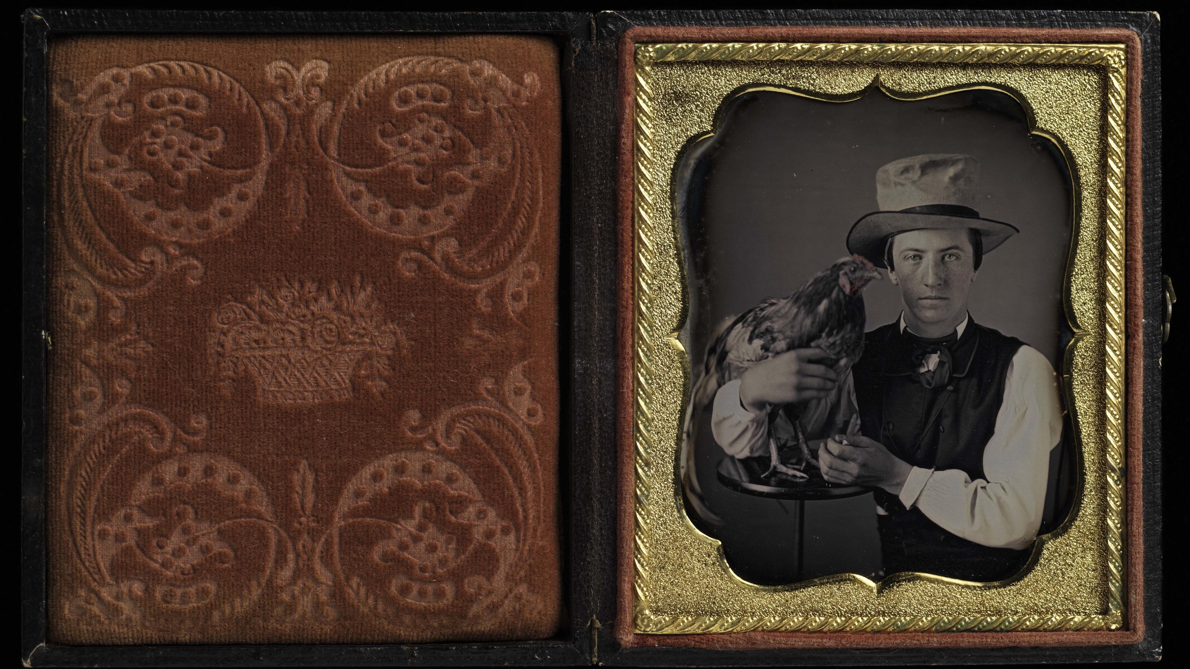 a diptych with embossed velvet on the left and a photograph of a man and a rooster on the right