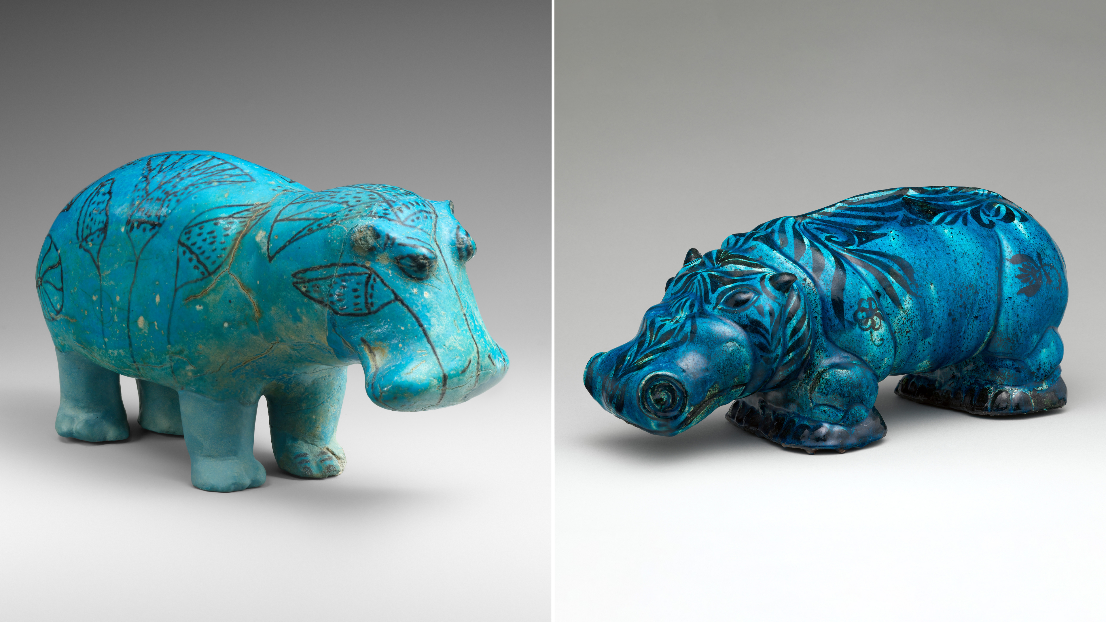 A comparison of two small blue hippo sculptures with with intricate floral designs over the heads and bodies displayed against a neutral background.