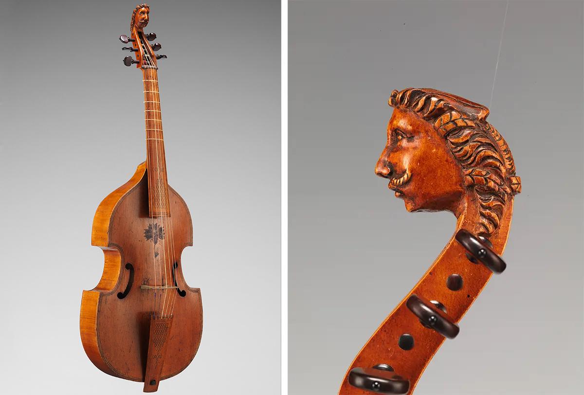 Vintage cello with richly colored wood and elegant shape on the left. Close-up of a carved scroll head resembling a face on the right. Harmonious and artistic.