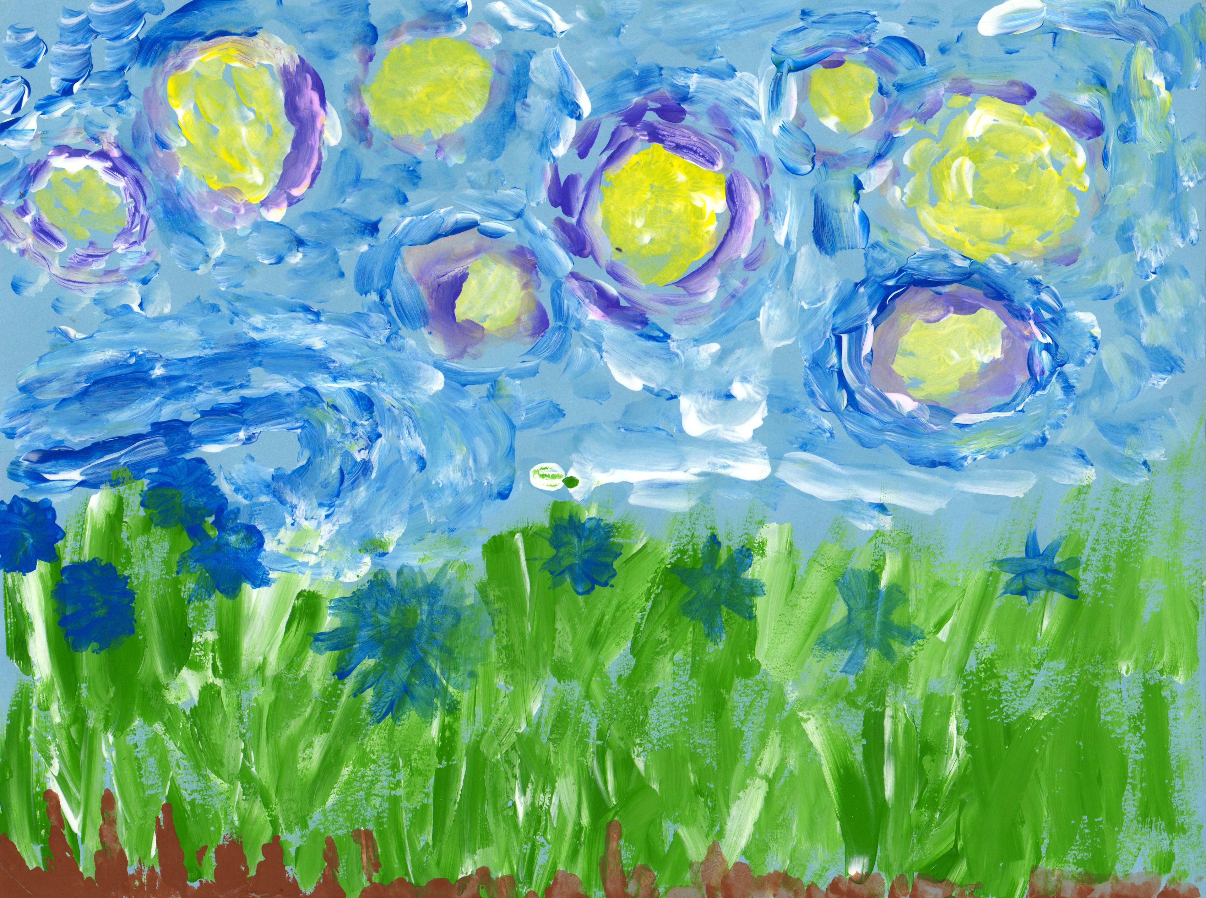 Tempera painting of yellow circles drawn in a blue sky above tall green grass, punctuated with blue flowers above a thin strip of brown soil. The painting is rendered in a style reminiscent of Vincent van Gogh.