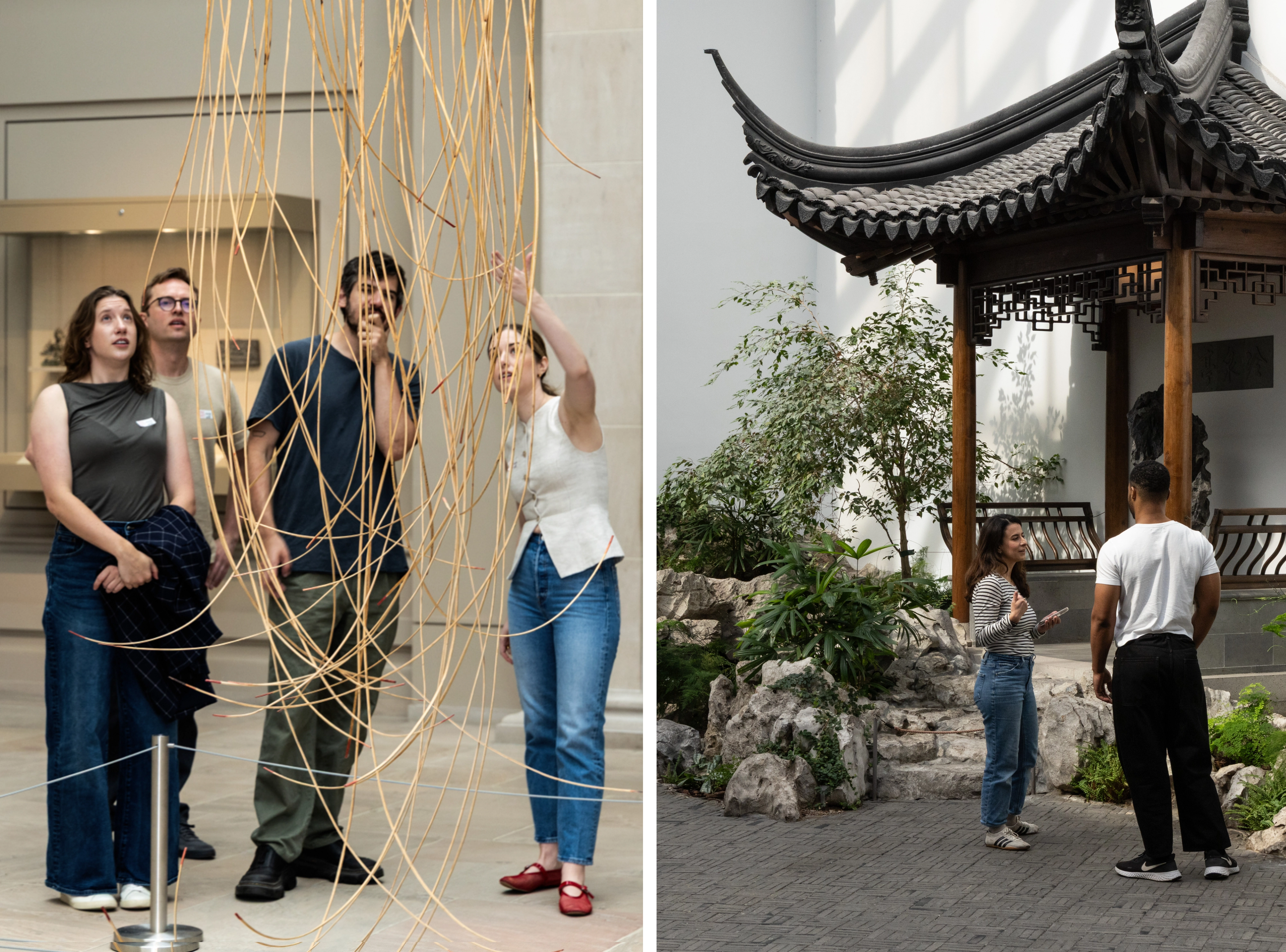 A group of three people laughs near a museum display case with small sculptures. Nearby, a woman and man chat in a lush garden with a traditional pavilion.