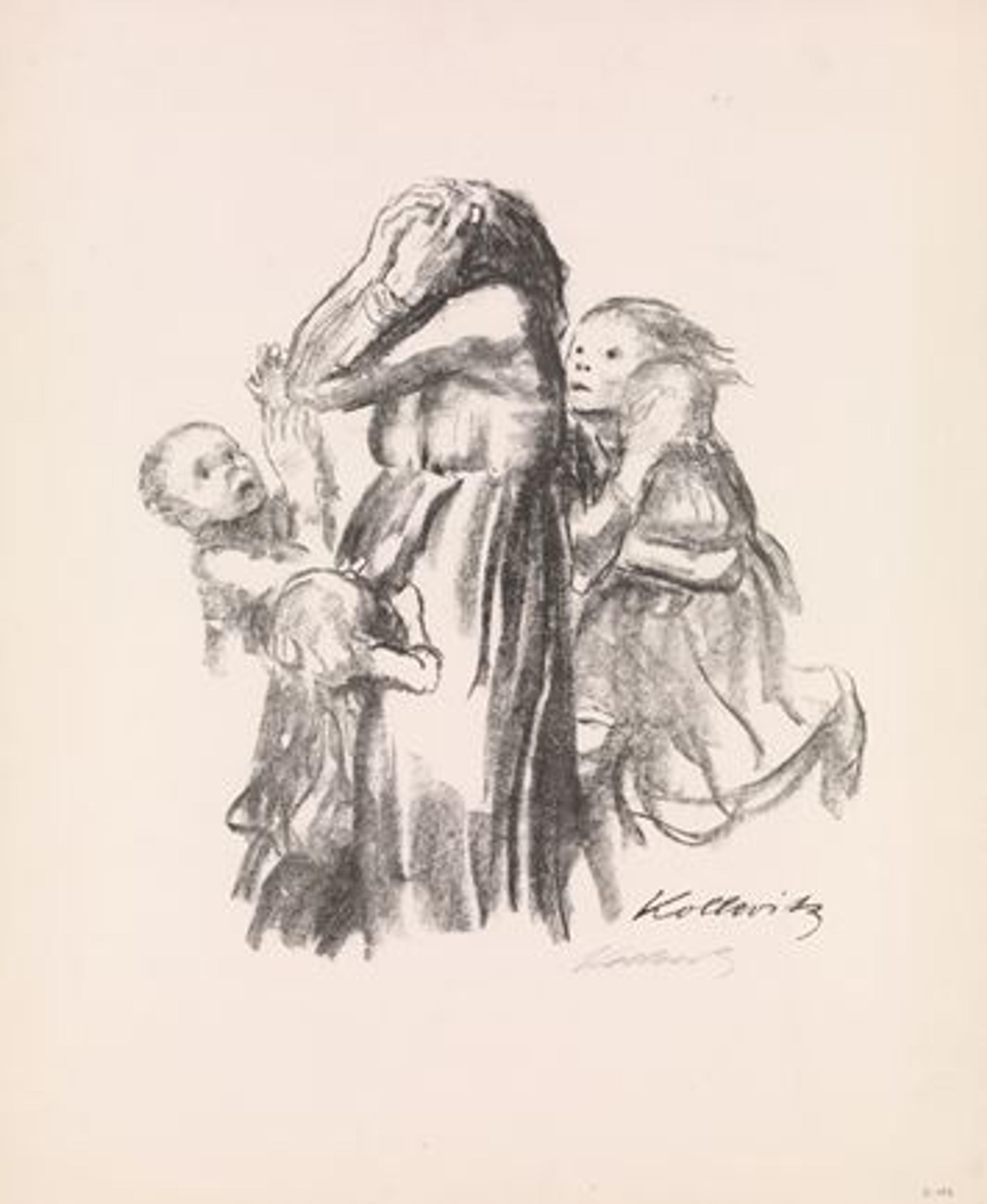 Käthe Kollwitz's 'Killed in Action (Gefallen)' showing a grief-stricken mother surrounded by a group of children