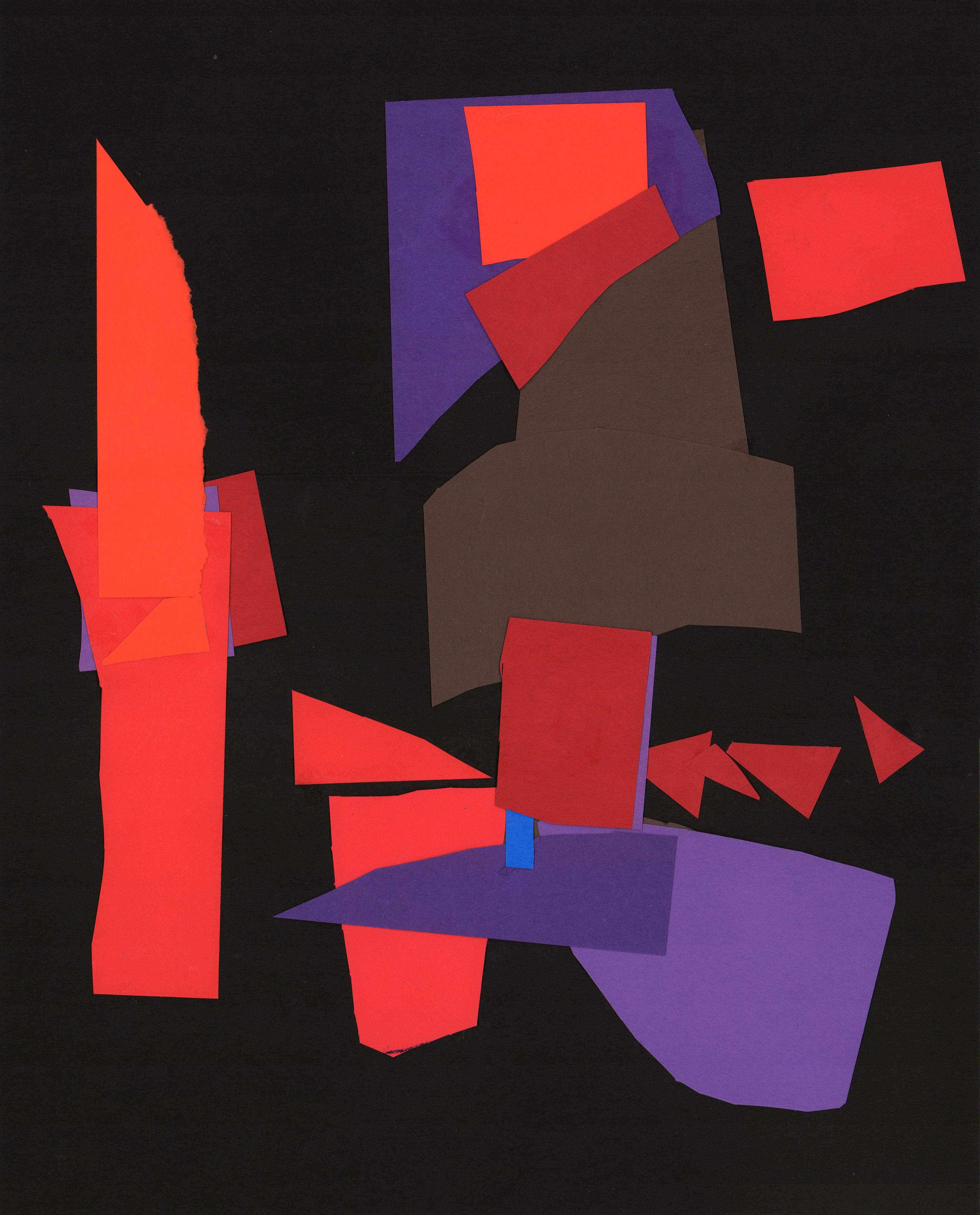 Abstract illustration made of construction paper depicting tall houses for dinosaurs, represented by tall and narrow orange, red, purple, and brown paper strips affixed to a black background.
