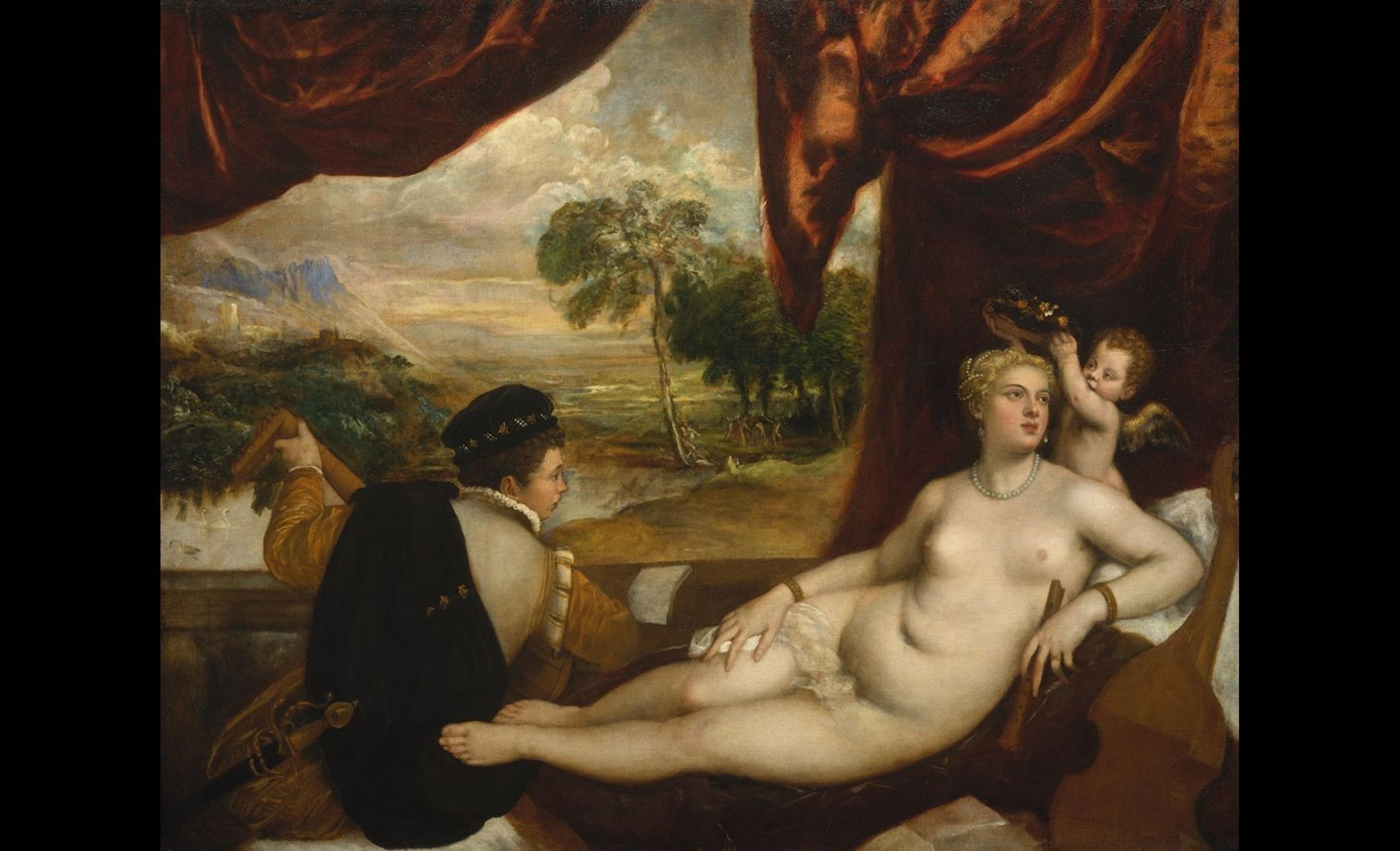 Titian painting depicting Venus lying on a bed with a lute player and a cherub