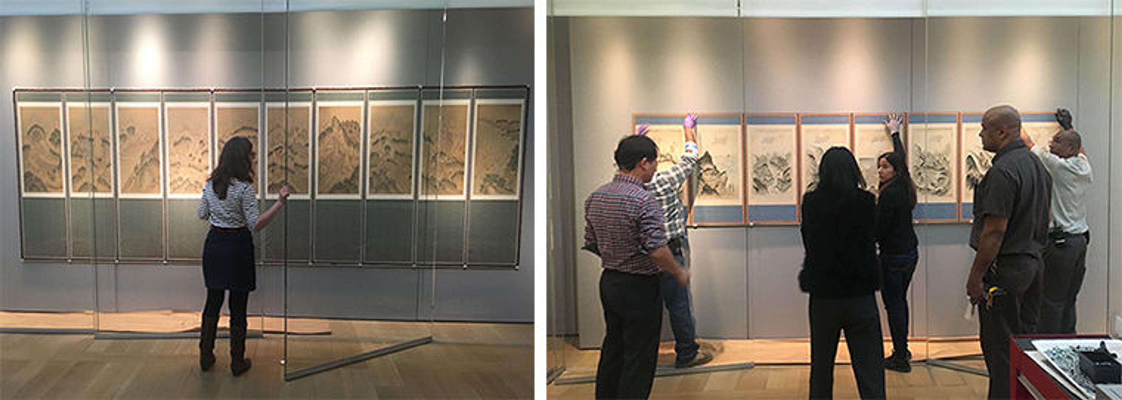 Two photos of Met staff at the installation of the exhibition