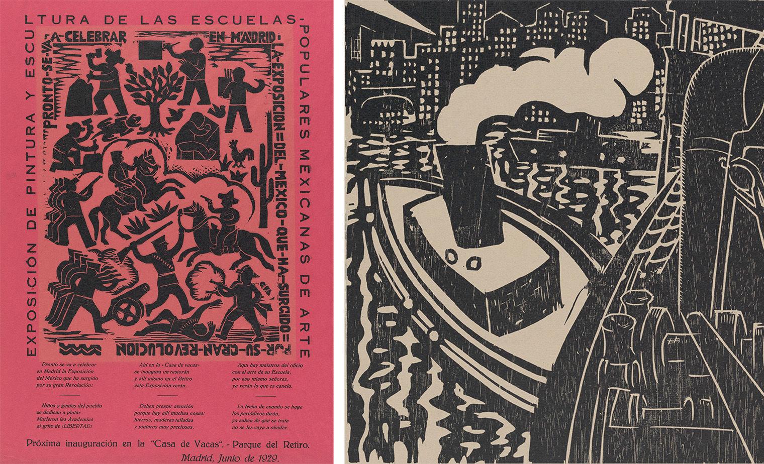 Left Image (Poster): A red poster featuring black woodcut-style imagery promoting the "Exposición de Pintura y Escultura de las Escuelas Populares Mexicanas" (Exhibition of Painting and Sculpture from the Mexican Popular Art Schools). The illustration is divided into two sections. The top half depicts various figures engaged in activities like painting and working, surrounded by a tree and cacti, symbolizing rural life. The lower half shows revolutionary scenes, including armed figures on horseback and people in combat, reminiscent of Mexico's revolutionary history. The text, in bold black, announces the upcoming exhibition in Madrid, June 1929, at the Casa de Vacas in Parque del Retiro. Right Image (Industrial Scene): A black and white woodcut print of a steamboat moving through a river in an industrial city. The boat, depicted in bold, thick lines, emits large puffs of smoke, dominating the central portion of the image. The surrounding cityscape is illustrated with geometric buildings, and the water's surface is shown in dynamic, swirling lines. The overall scene captures a sense of urban life and industrial progress.