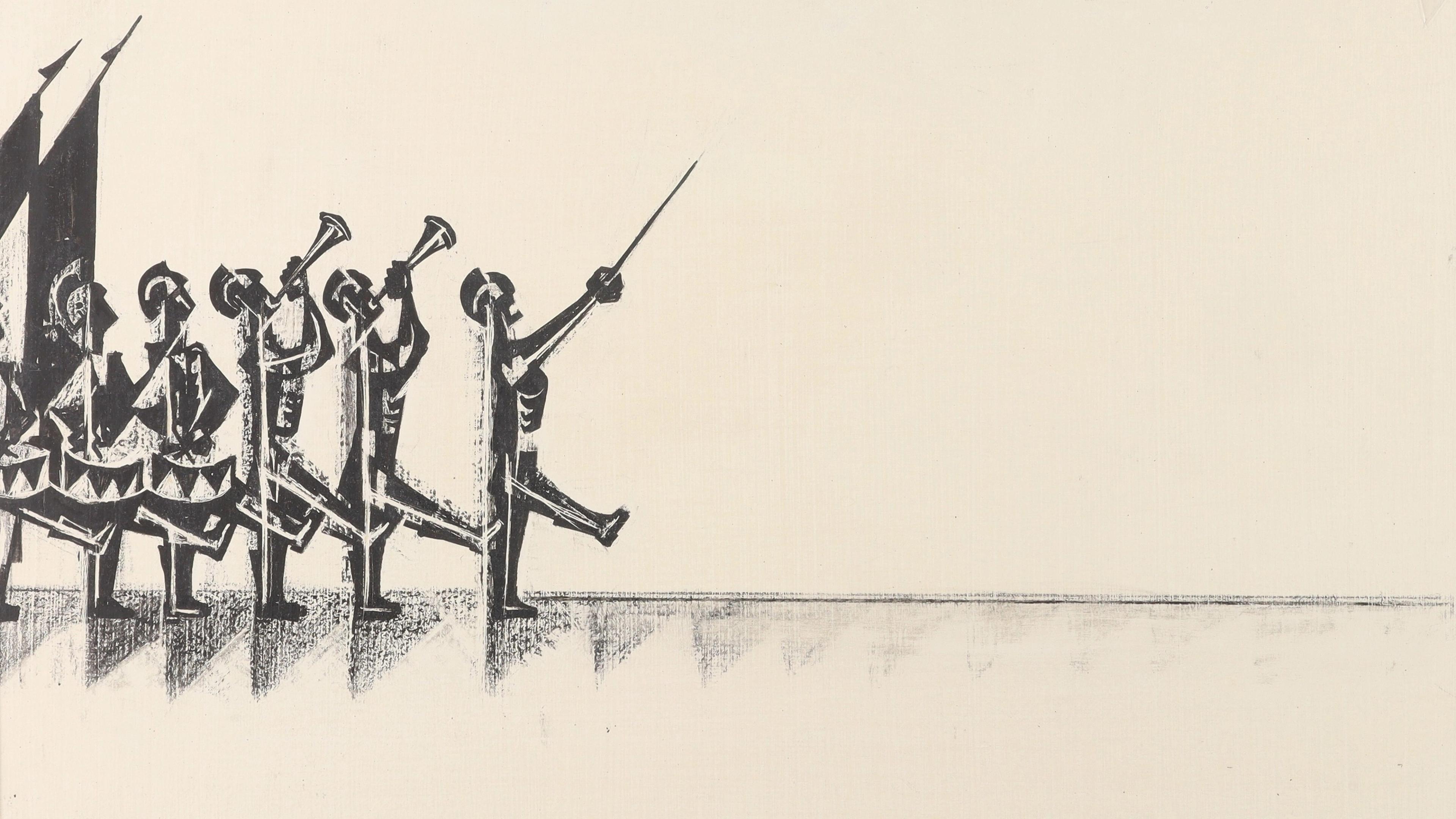 A black and white illustration of six stylized figures in a line, marching to the right. Four play trumpets, one has a drum, and one leads with a baton.