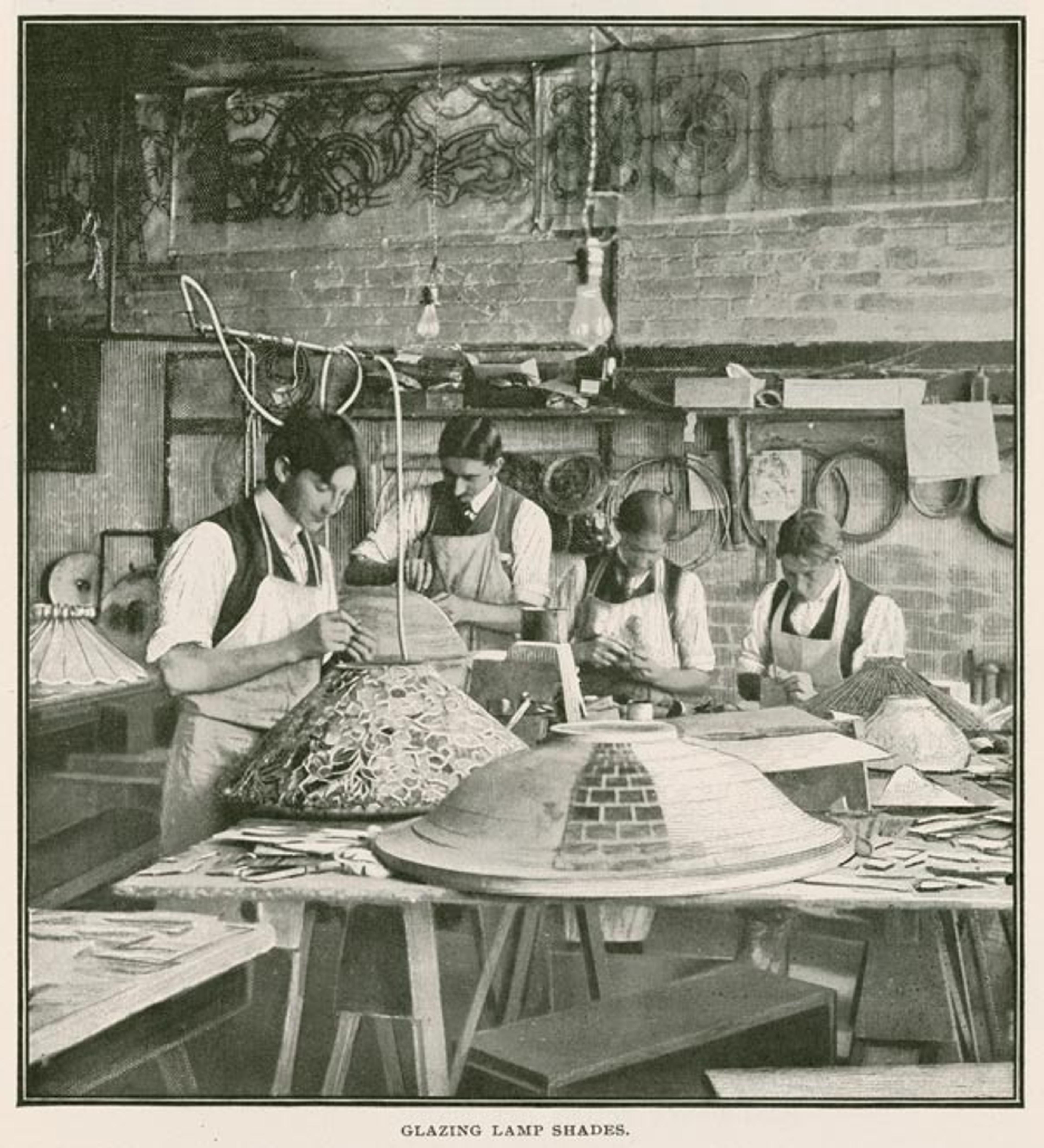 Workers in Tiffany’s lamp department studio, ca. 1898. From The Cosmopolitan: A Monthly Illustrated Magazine (January 1899).