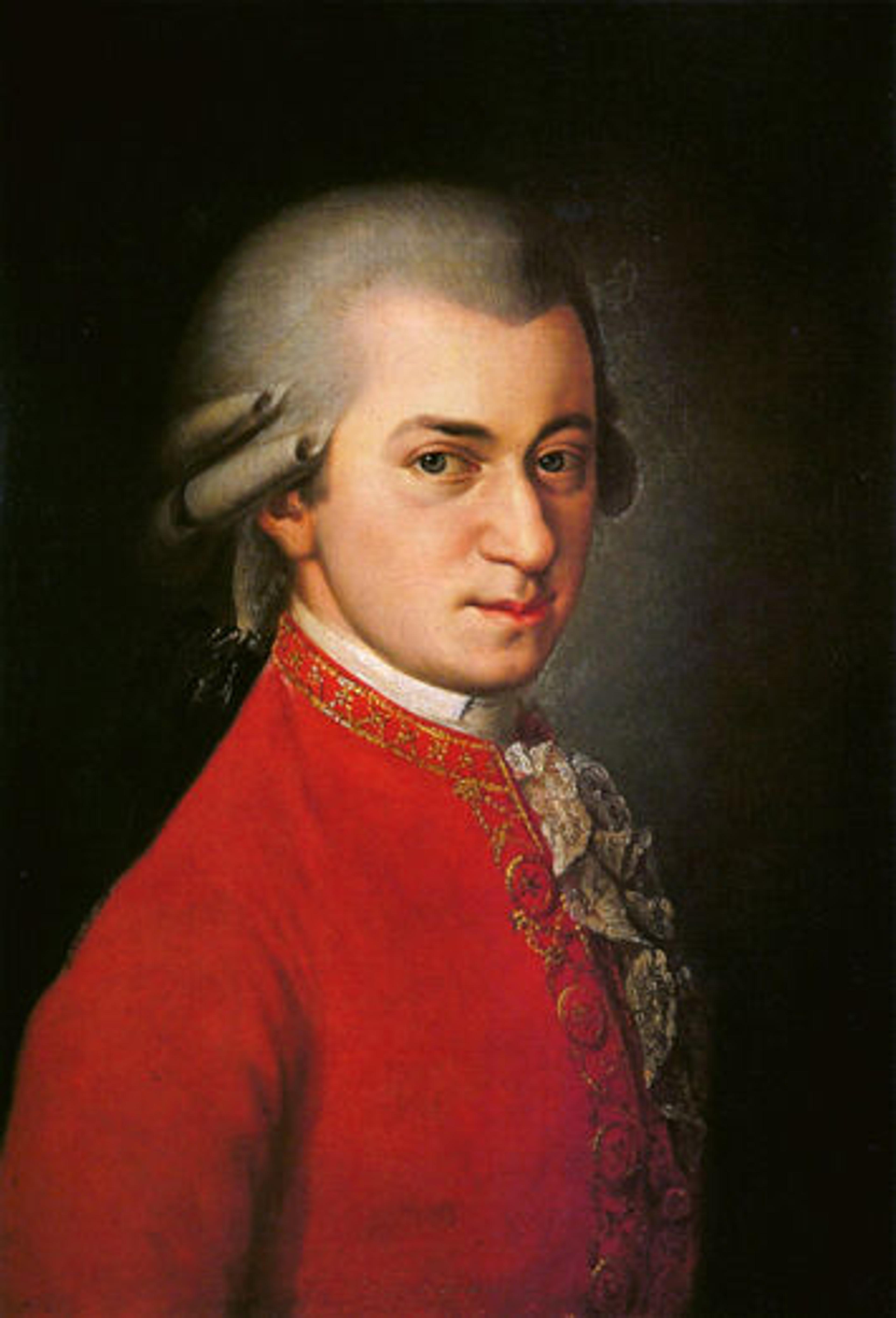 Portrait of Wolfgang Amadeus Mozart in a red jacket and powdered wig