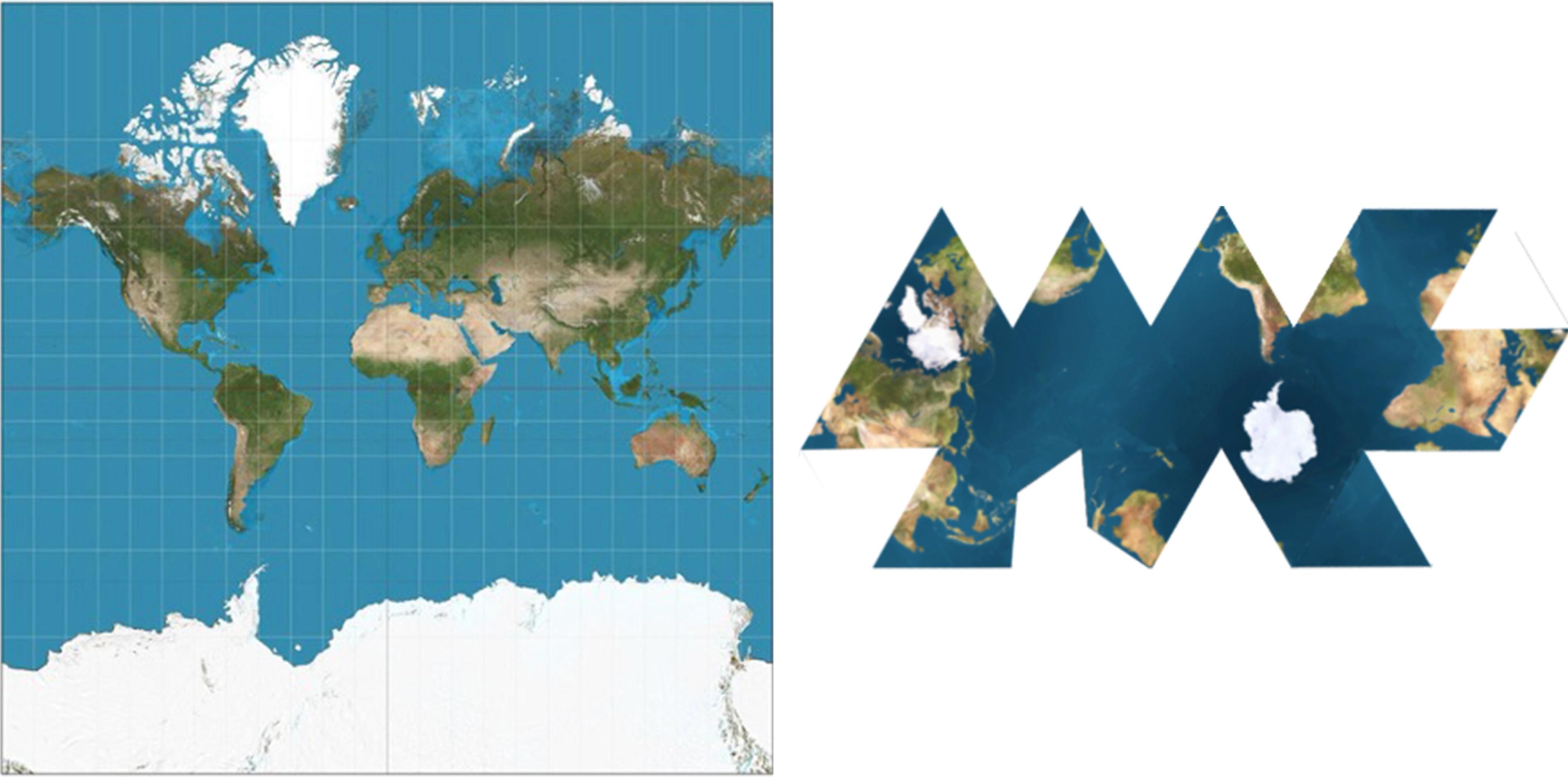 On the left, a mercator map projection; on the right, a dymaxion map projection.