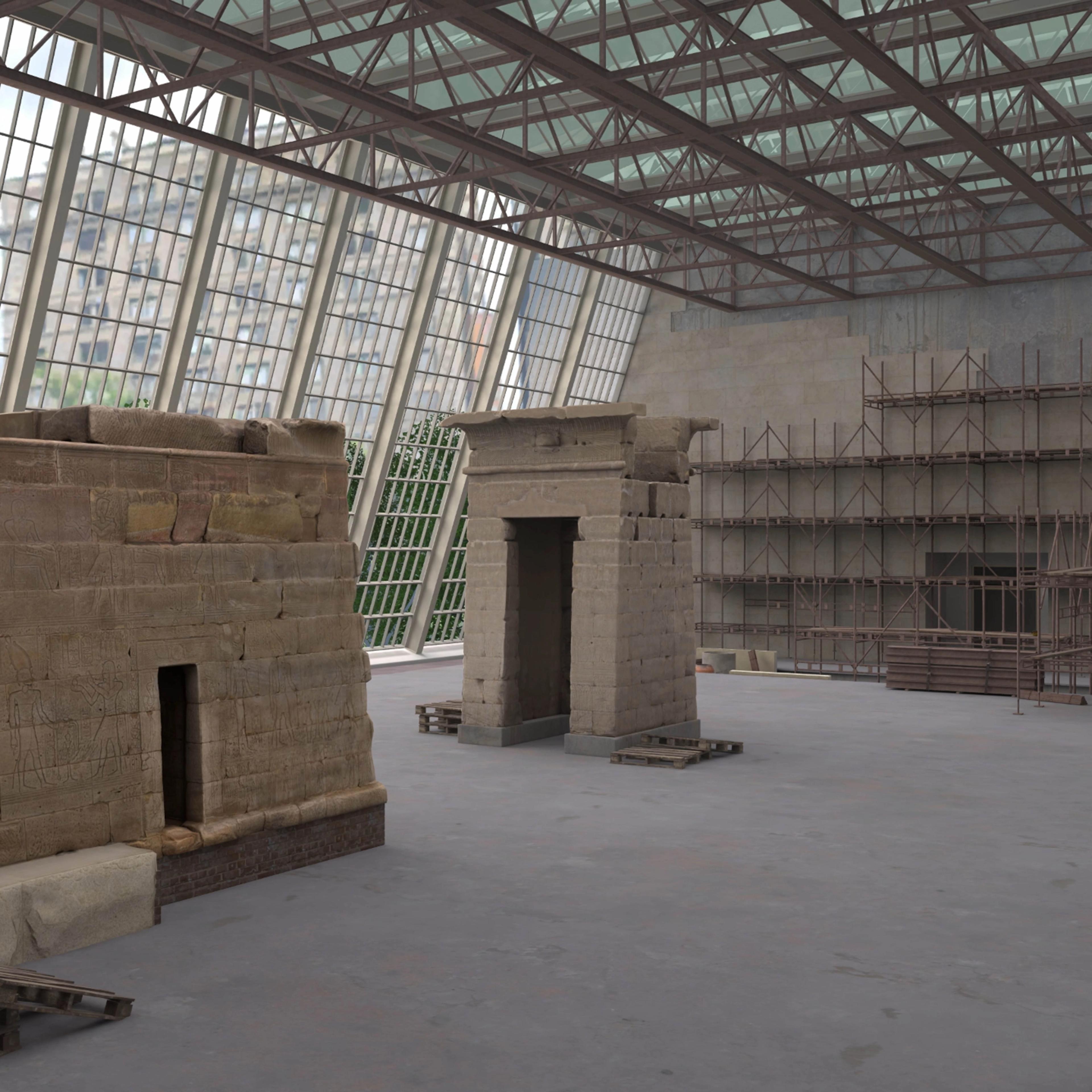 3D rendering of the Temple of Dendur at The Met, with scaffolding and materials showing the temple under construction.
