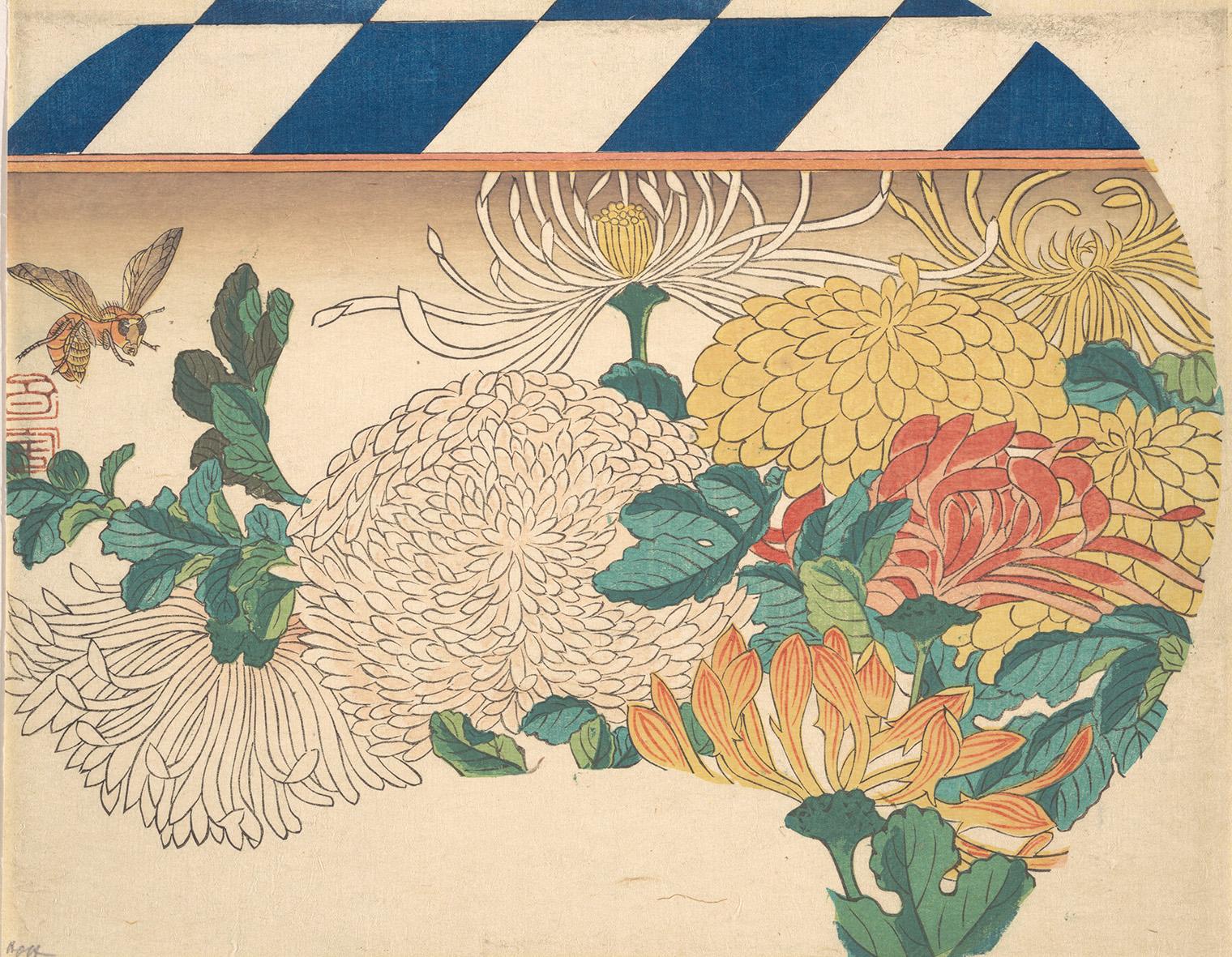 Floral artwork featuring colorful chrysanthemums and lush green leaves beneath a blue-and-white striped canopy. A detailed bee hovers nearby.