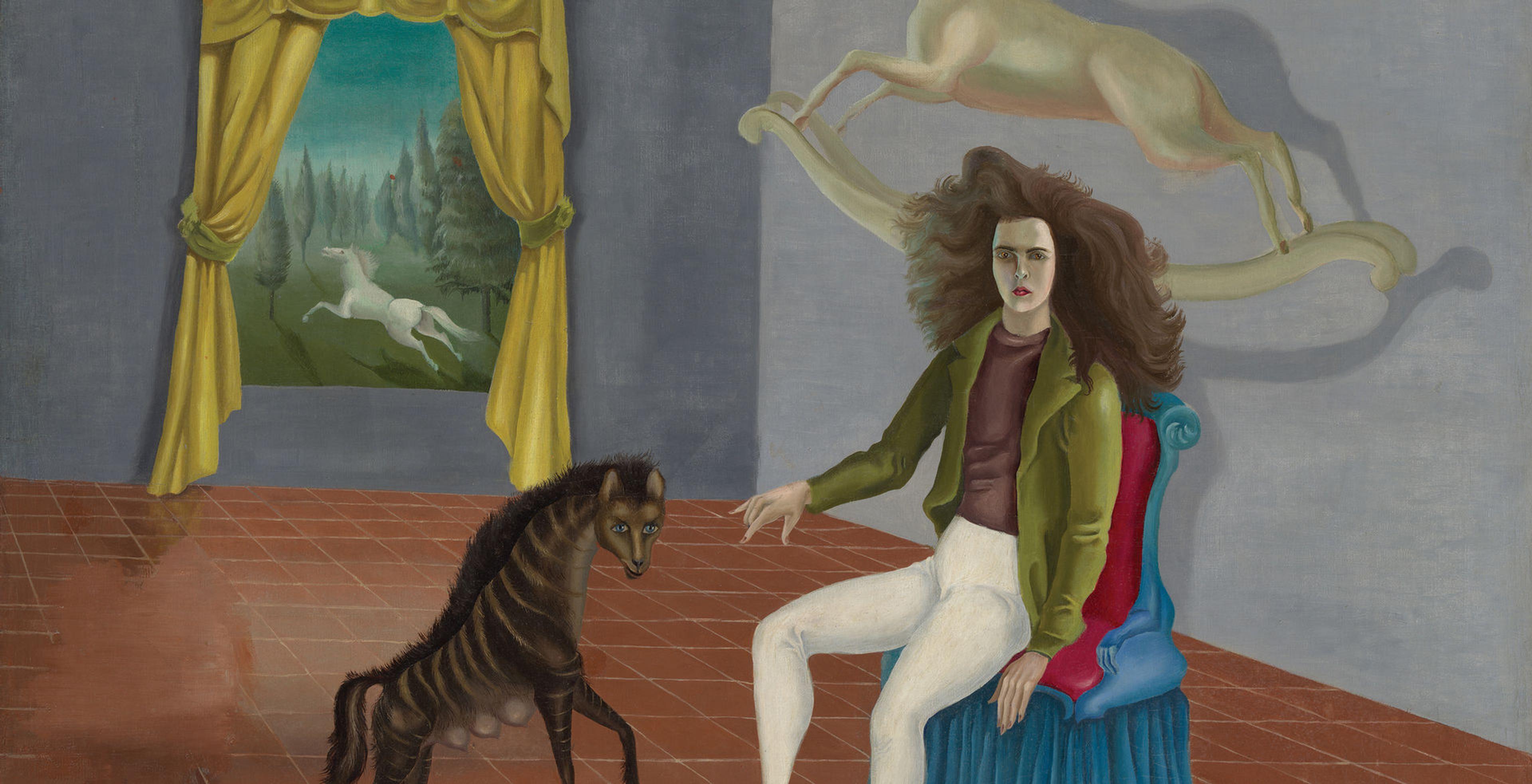 Detail of Leonora Carrington’s self-portrait of her sporting white jodhpurs and a wild mane of hair; she’s perched on the edge of a chair with her hand outstretched toward the prancing hyena and her back to two horses: a tailless white rocking horse flying behind her and a galloping white horse visible in a curtained window.