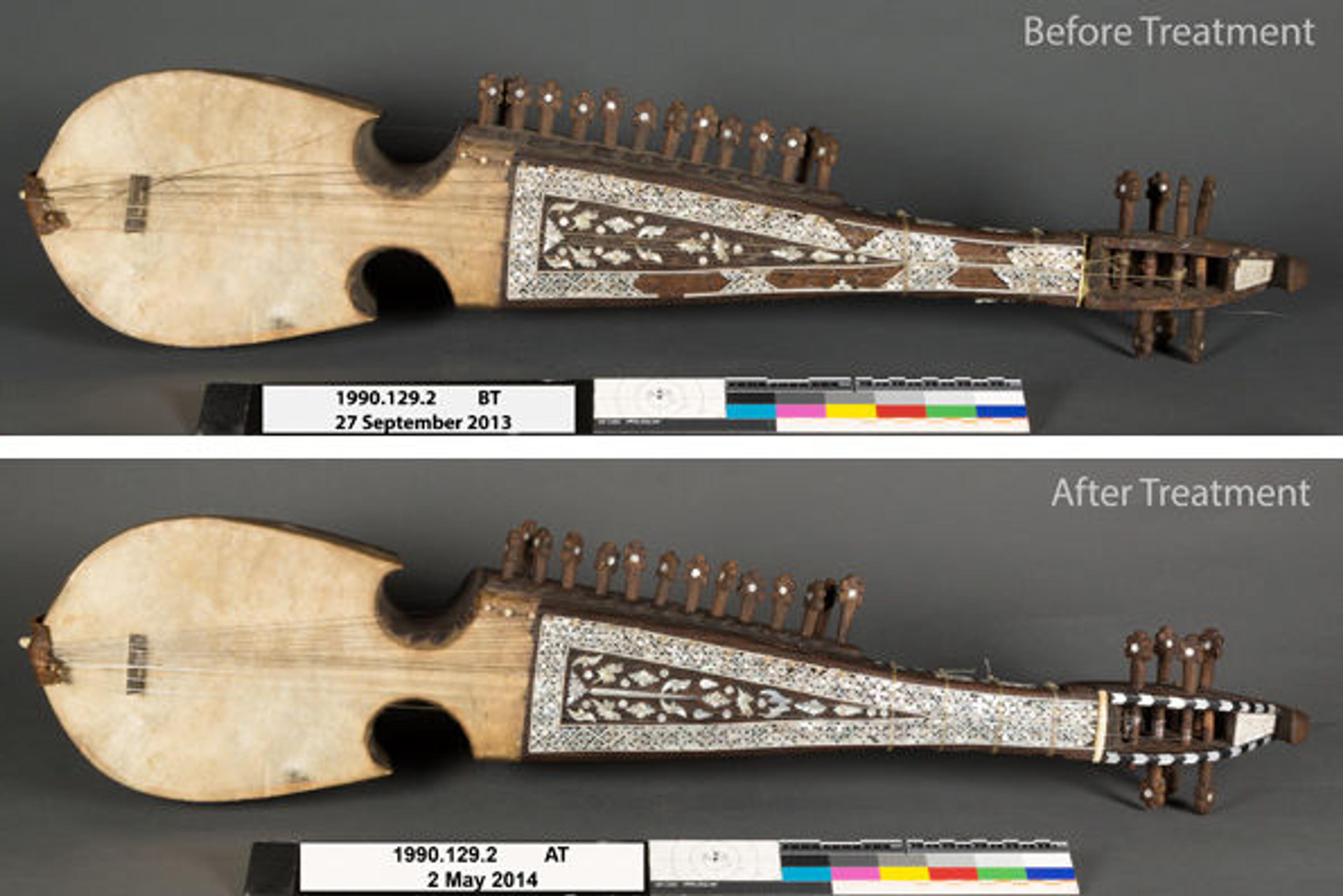 Rubāb. Afghanistan, early 20th century; before and after conservation treatment