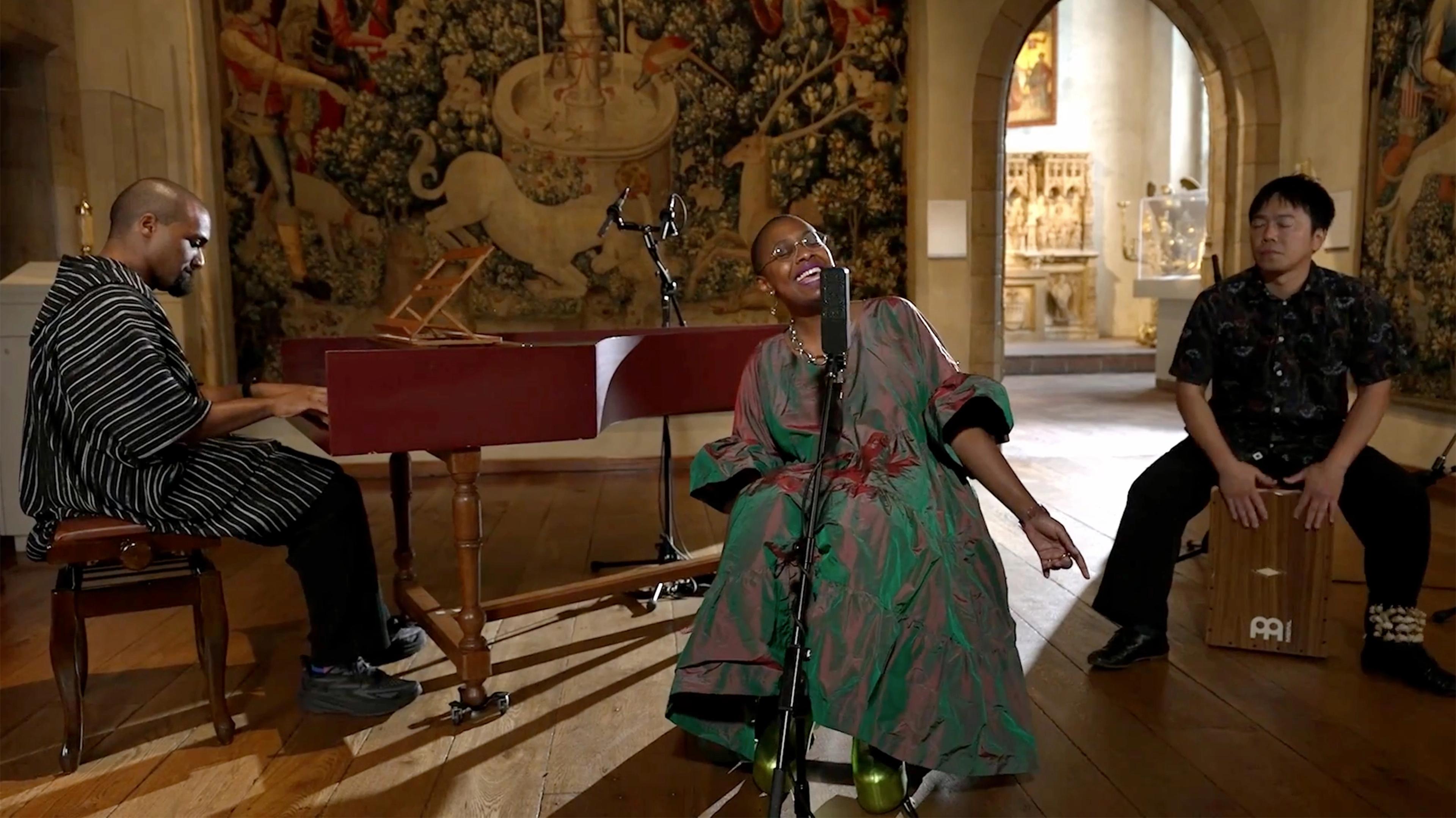 Cécile McLorin Salvant performing in the Unicorn Tapestries room at The Met Cloisters.