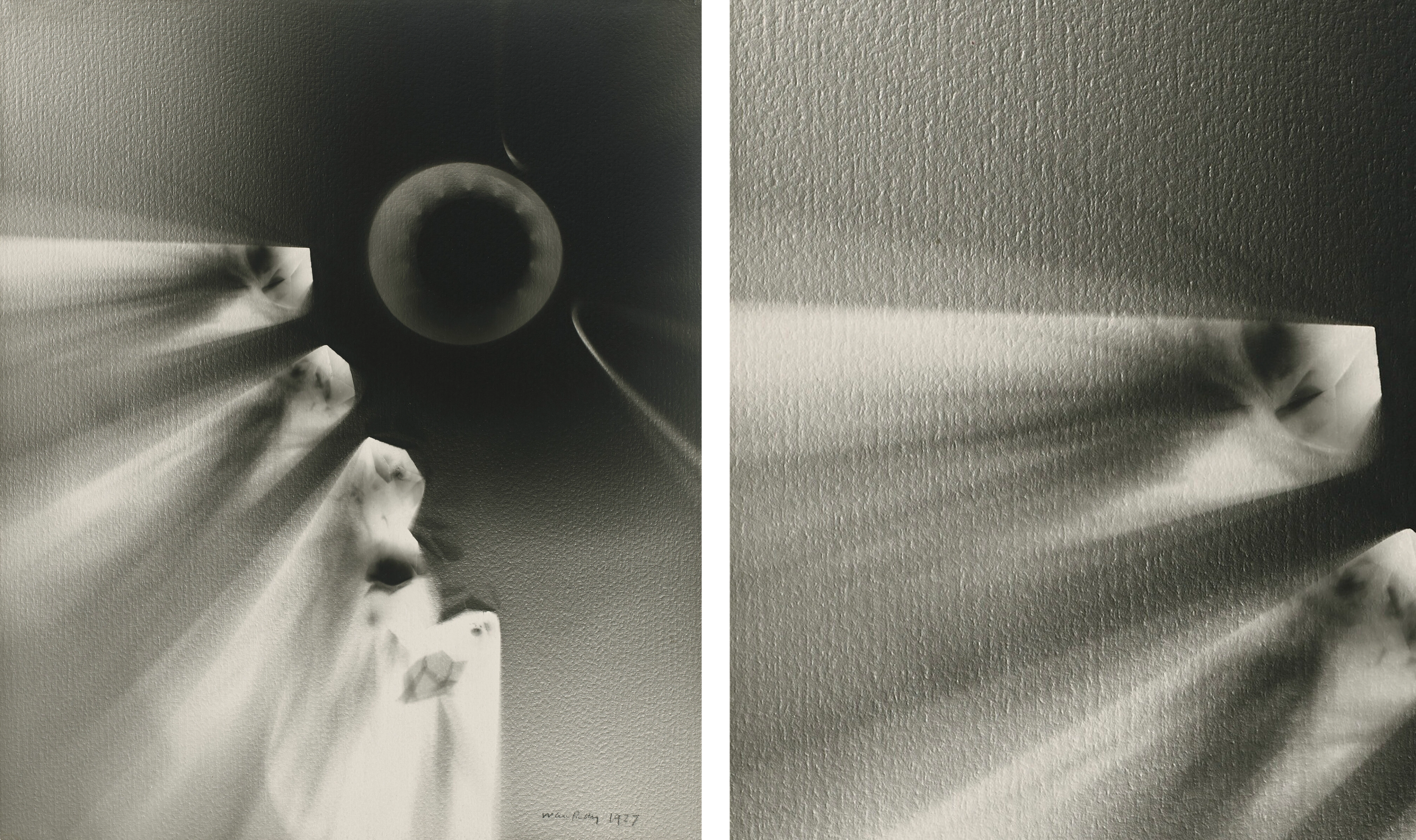 Two abstract black-and-white photograms side by side. The left depicts multiple rectangular shapes pointing to a circular shape. On the right is a closeup of the image on the left and shows the texture of the paper.