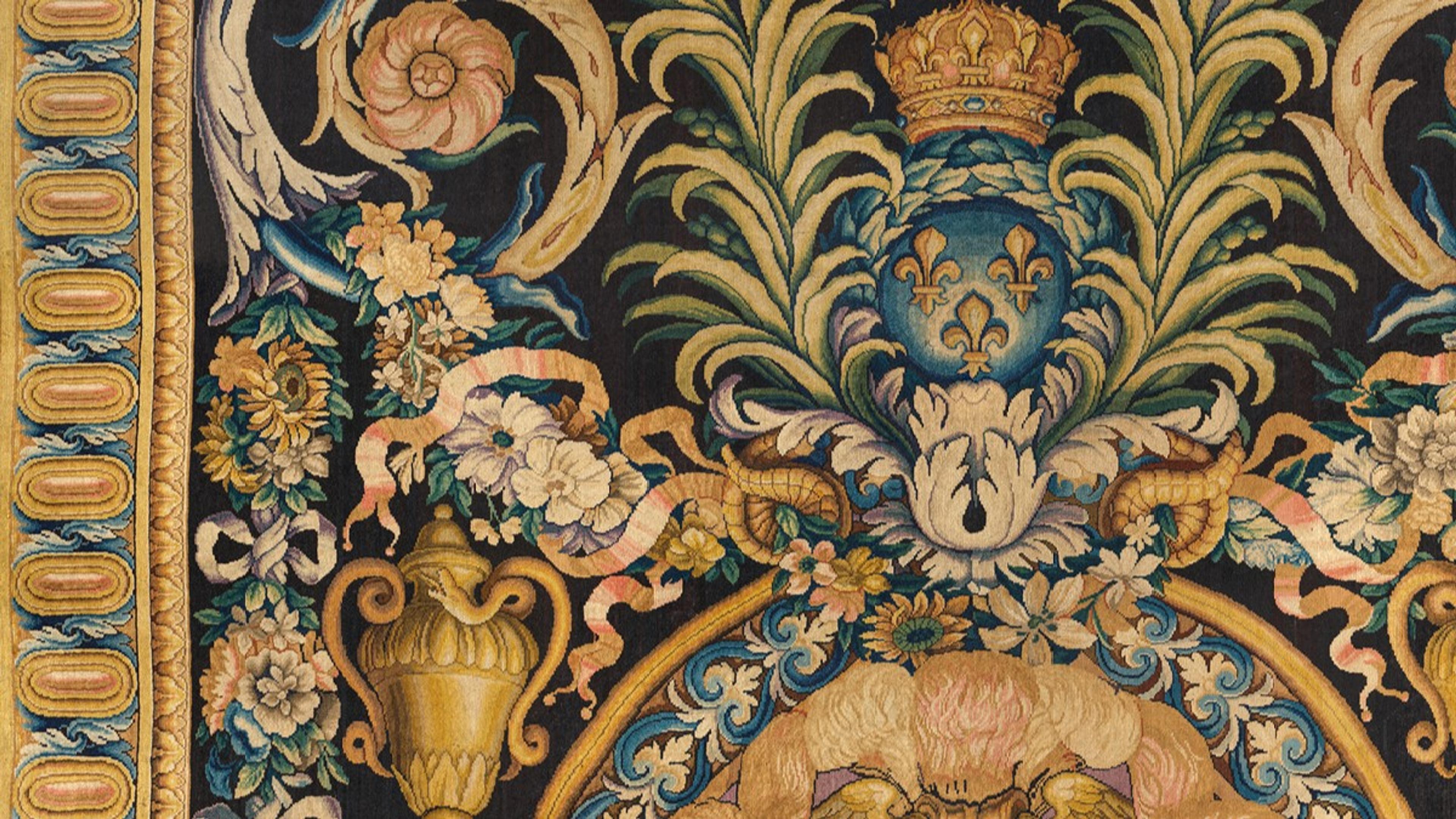 A tapestry with curling filligree