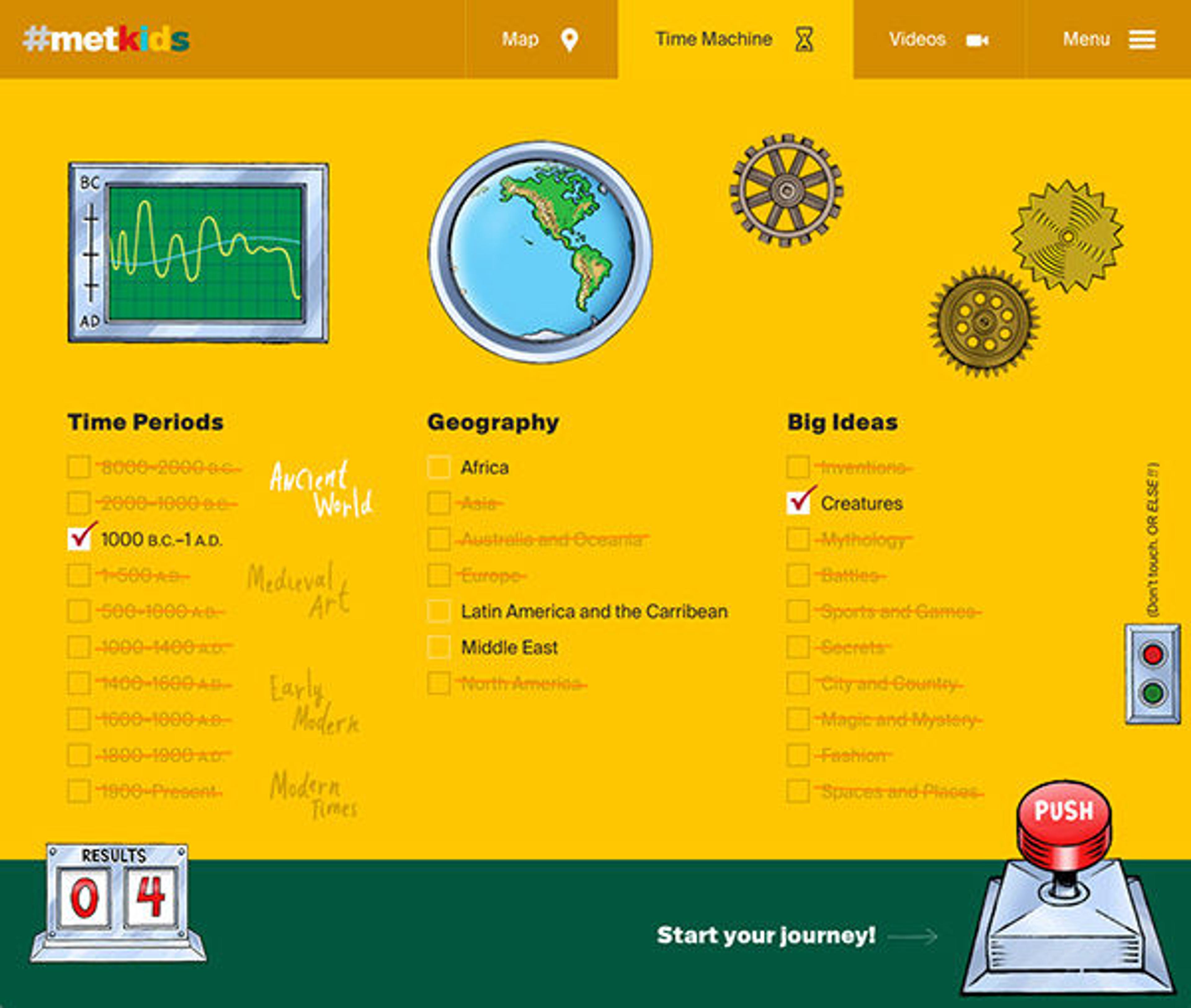 A yellow webpage with three checklists of "Time Period," "Geography," and "Big Ideas"