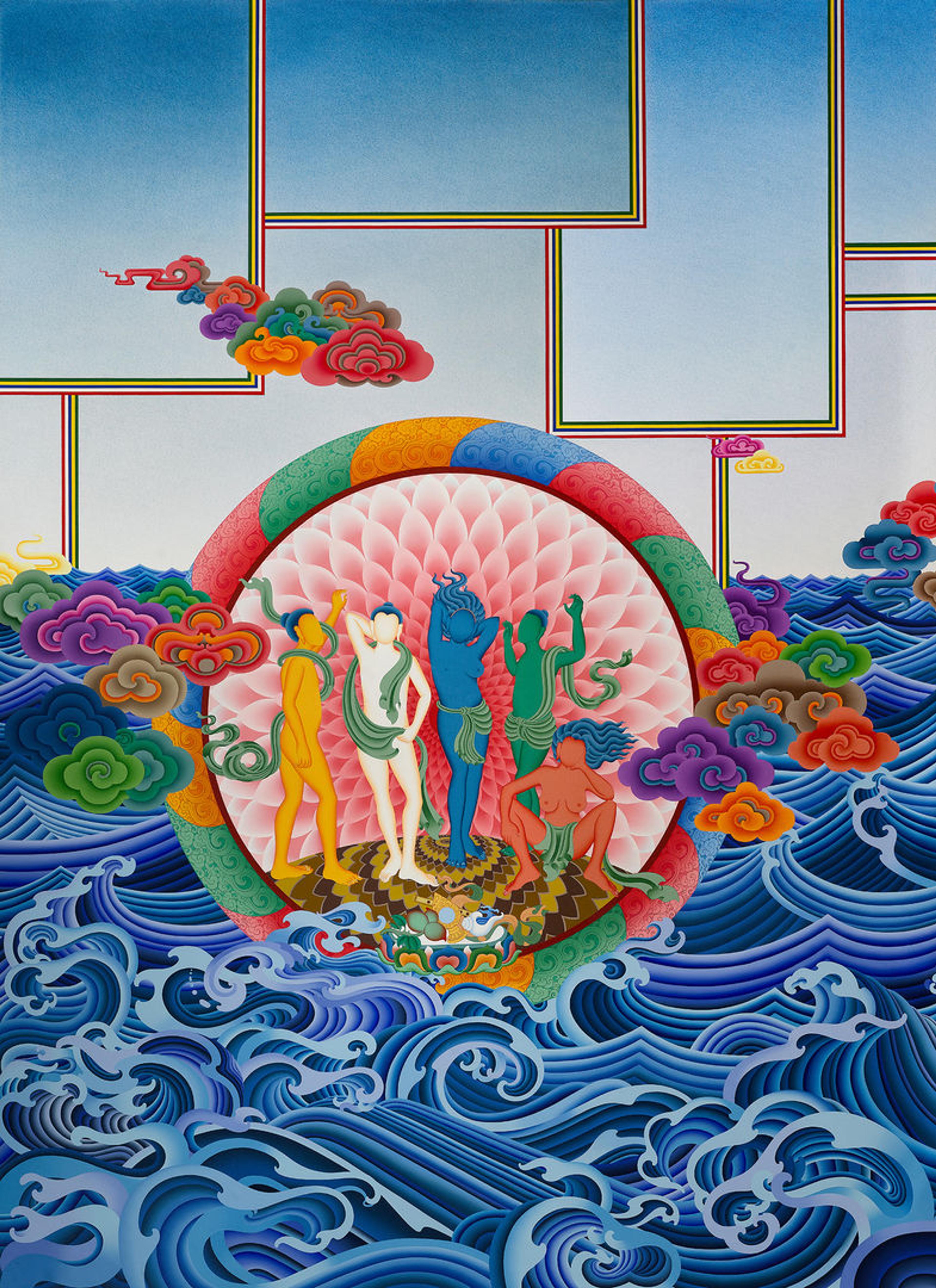 An intricate, colorful mandala is centered over a background of turbulent ocean waves. Surrounding the mandala are stylized clouds with geometric patterns.