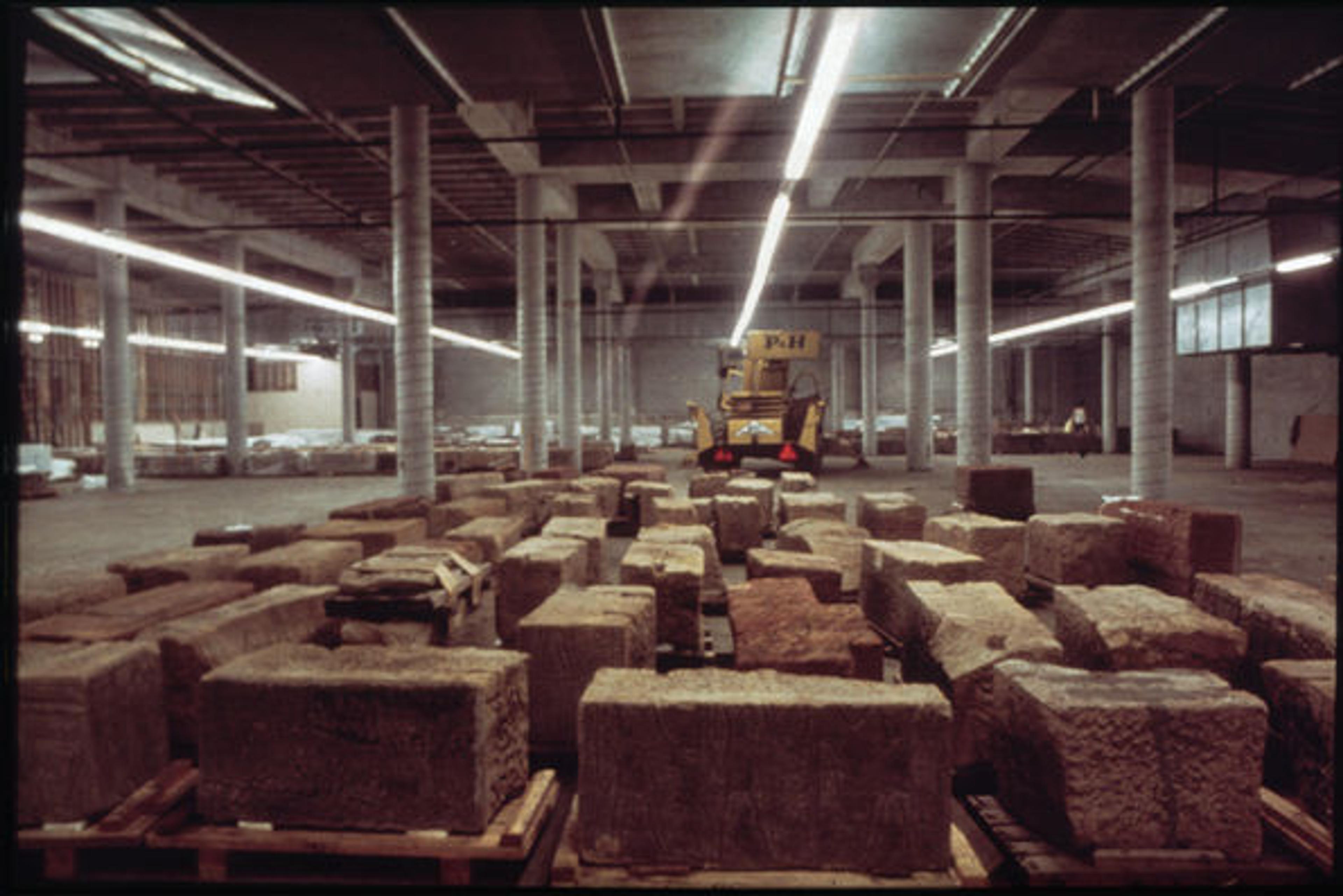 Construction of The Temple of Dendur, Third Phase, MMA Storage: blocks in North Parking Garage