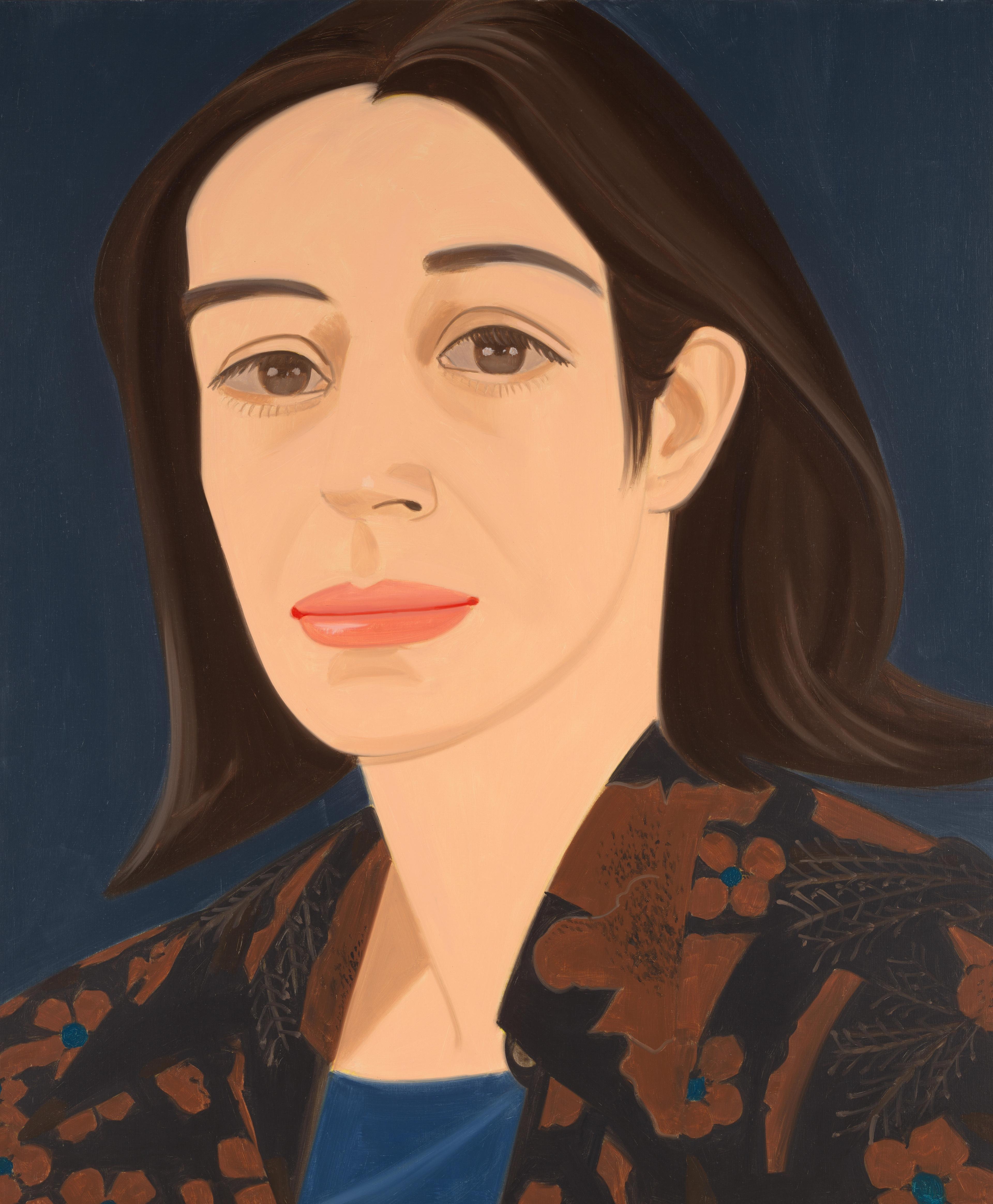 Painting of a woman with dark brown hair wearing a black and brown blouse.