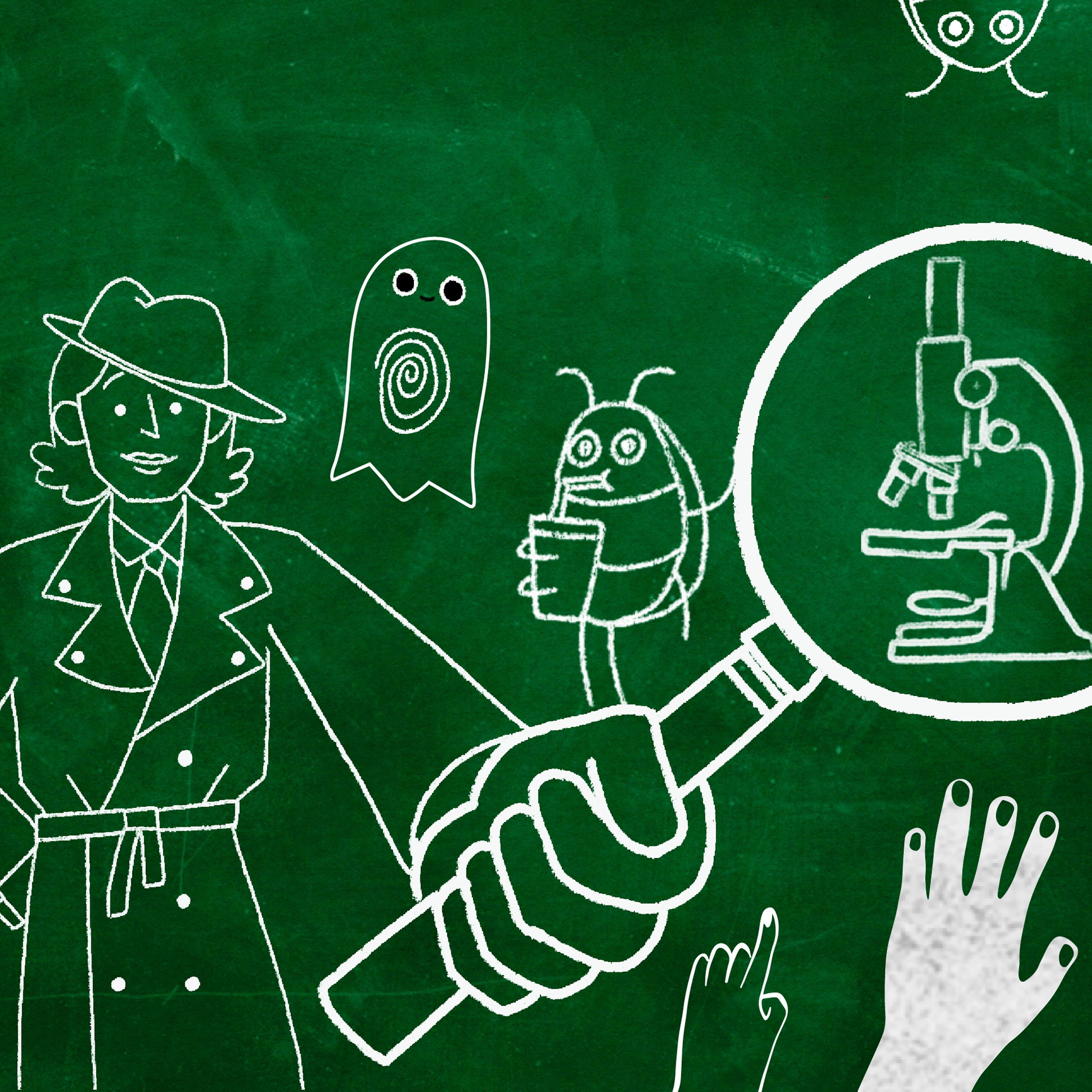 A chalk-line illustration of an art detective points her magnifying glass at a microscope; hands reach towards the microscope while a crew of bugs and a fingerprint ghost look on