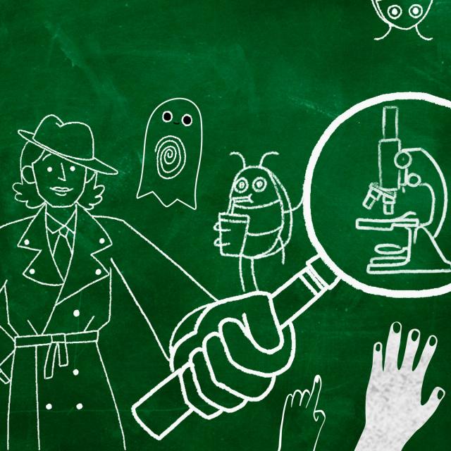 A chalk-line illustration of an art detective points her magnifying glass at a microscope; hands reach towards the microscope while a crew of bugs and a fingerprint ghost look on